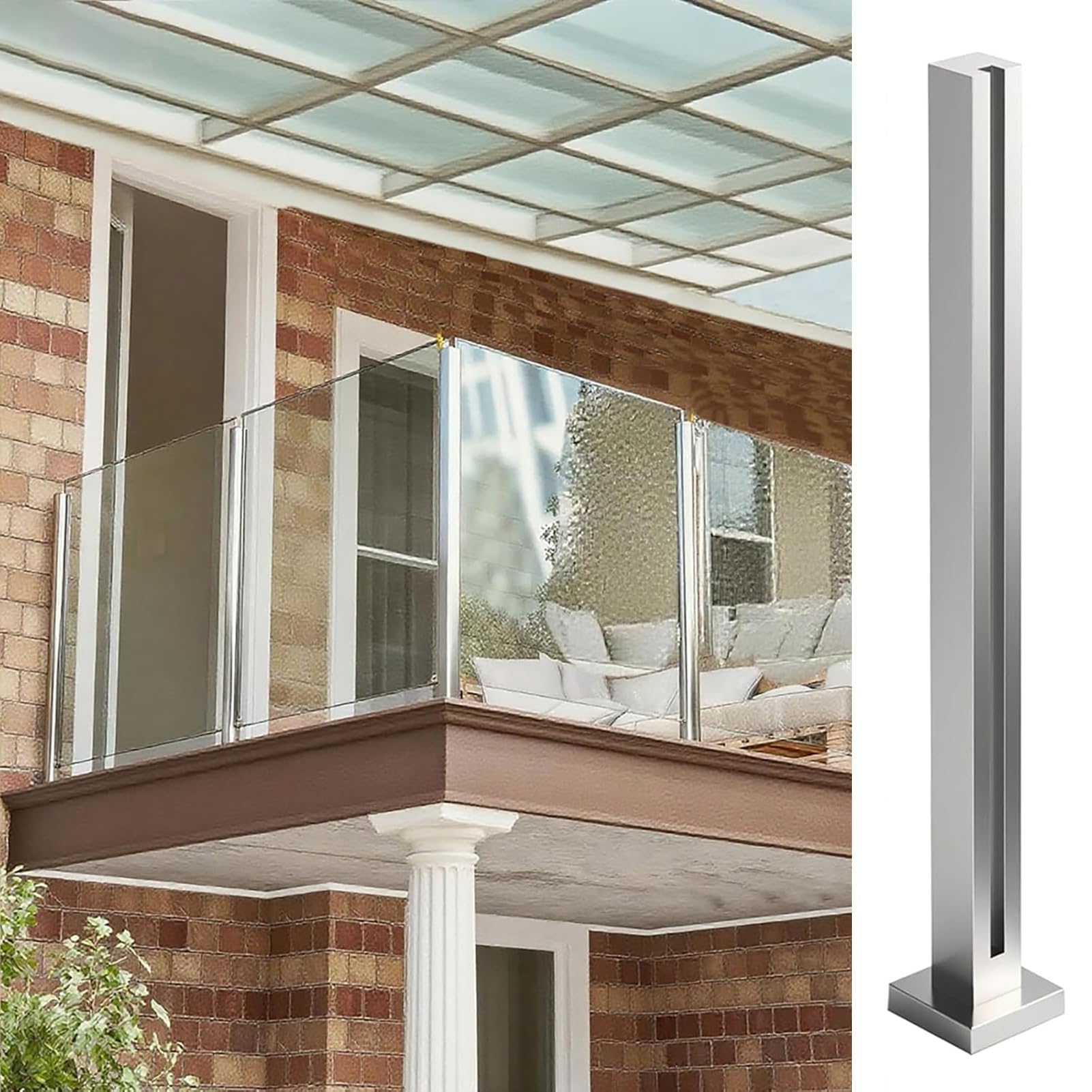 Glass Railing Post for 8-12mm Glass, 304 Stainless Steel Silver Balustrade Posts, Indoor & Outdoor Balustrade, Villas Balcony, Deck, Pool(End Post,45.3in/115cm)