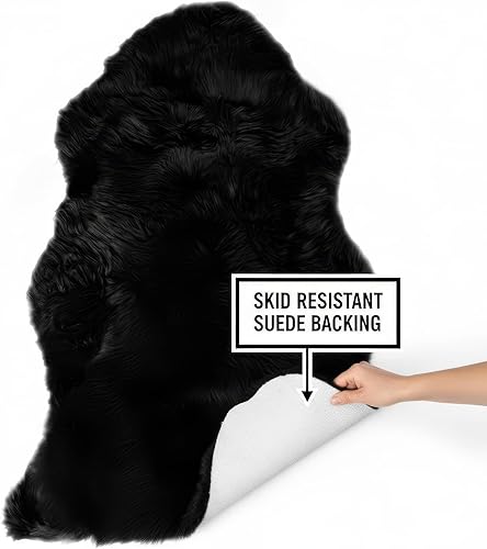 Miniatura 5 de Tapete de pelaje de oveja australiana genuino individual medidas aproximadas 2 x 3 pies Lana y mezcla de lana Negro