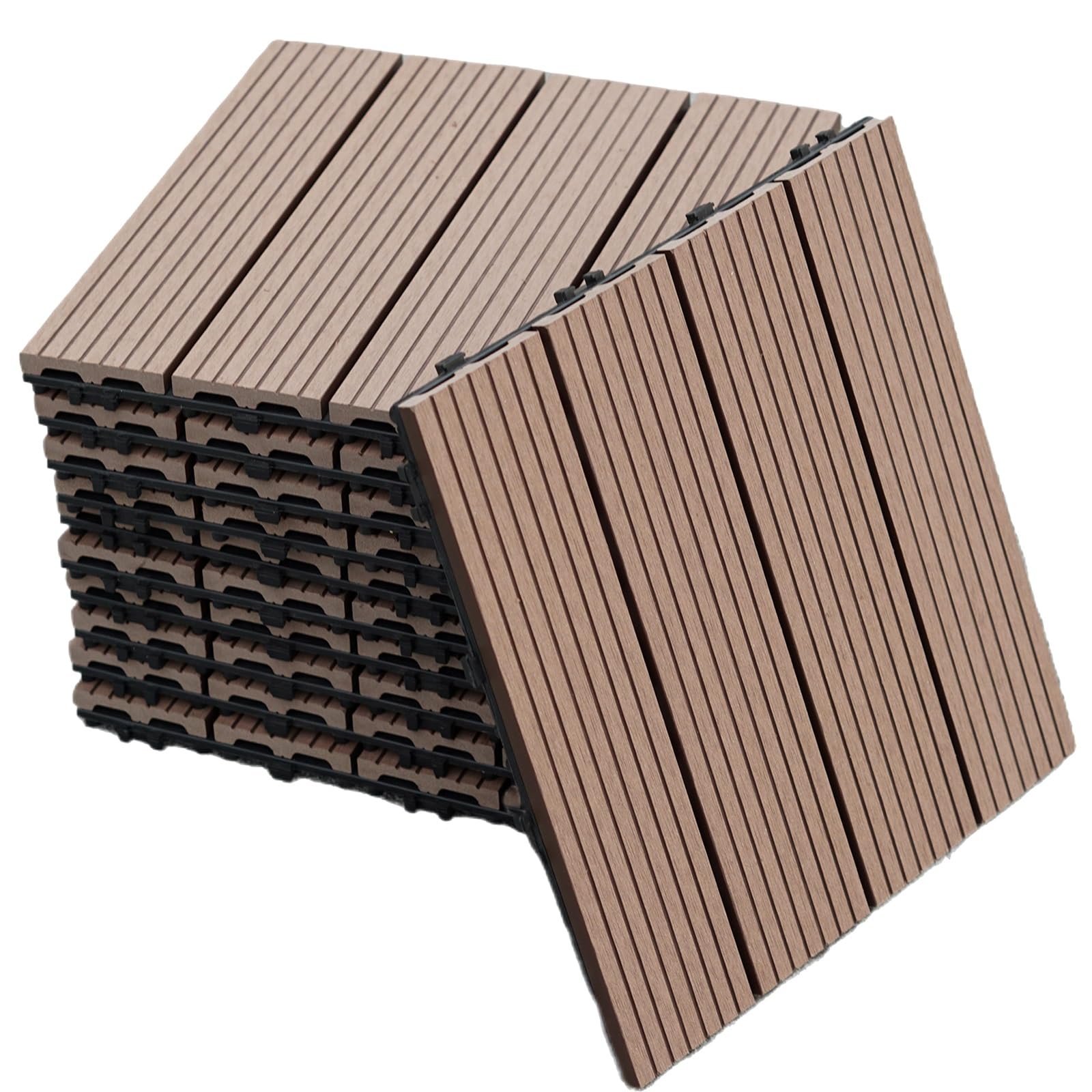 Gr8 Garden Coffee 11 Piece Wooden Stripe Effect Wpc Composite Classic Interlocking Floor Decking Tiles Outdoor Patio Garden Lawn Balcony Floor Play Area Deck Terrace Set (Coffee)