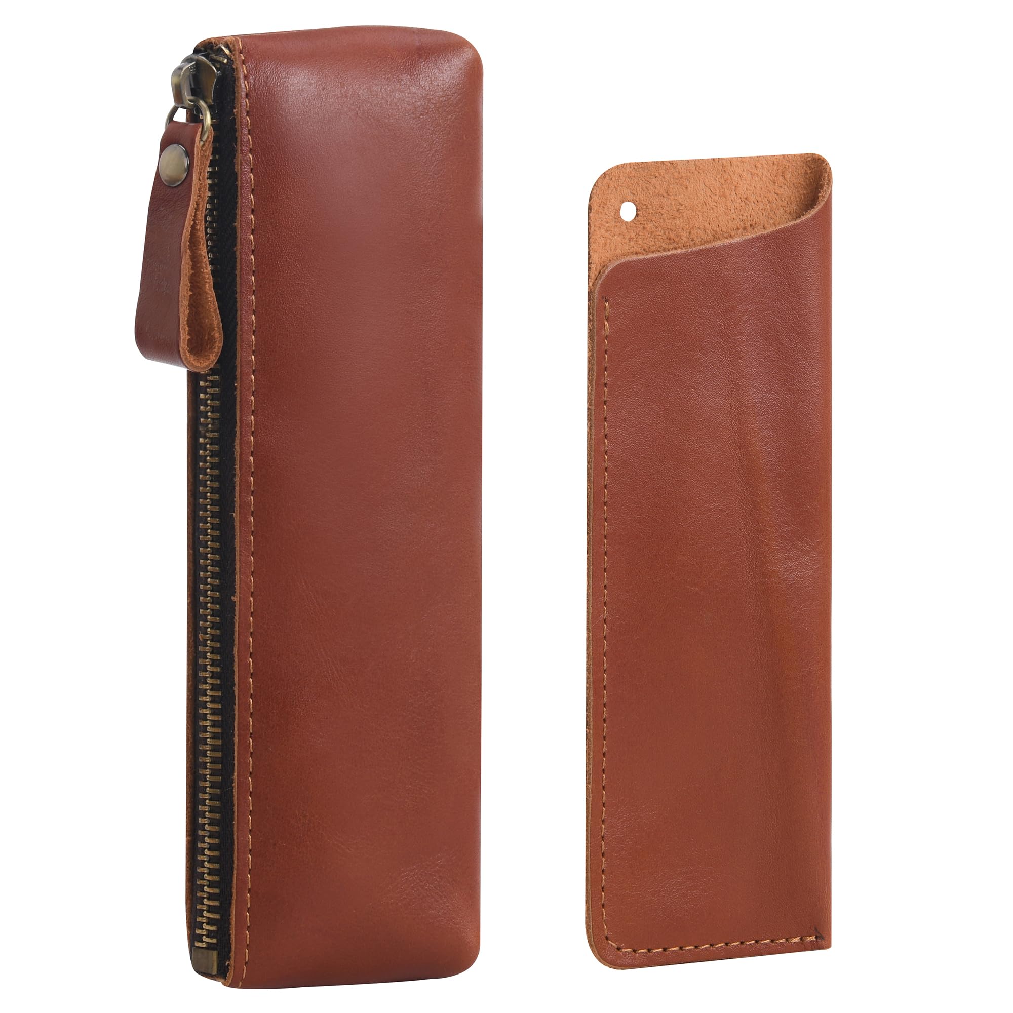 Wonderpool Red Brown Leather 1Pc Pencil Case & 1Pc Fountain Pen Holder - Portable Compact Drawing Marker Pen Stationery Pouches For School Office Travel Organizer (Red Brown)