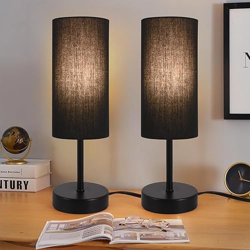 Paquete de 2 lámparas de mesa para dormitorio, lámparas de noche para mesita de noche con interruptor de cable, lámparas de escritorio minimalistas