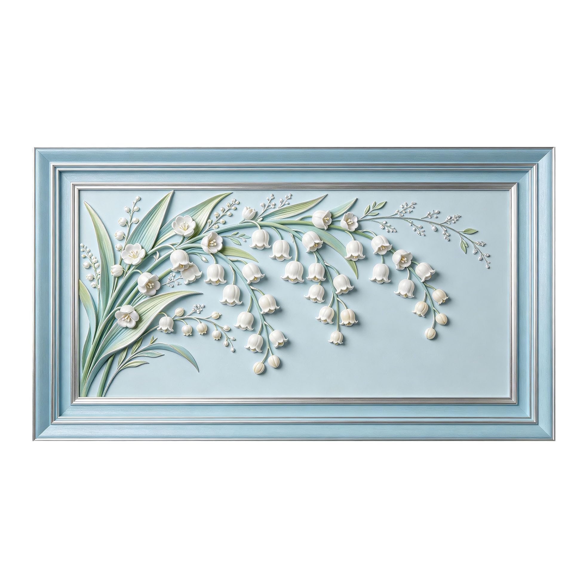 Murasolite 3D Framed Wall Art Lily of the Valley Floral Botanical Relief Effect SelfAdhesive Fabric Mural Wall Decor， Peel and Stick No Damage to Wall， AntiFall Safe Design for Bedroom Living Room