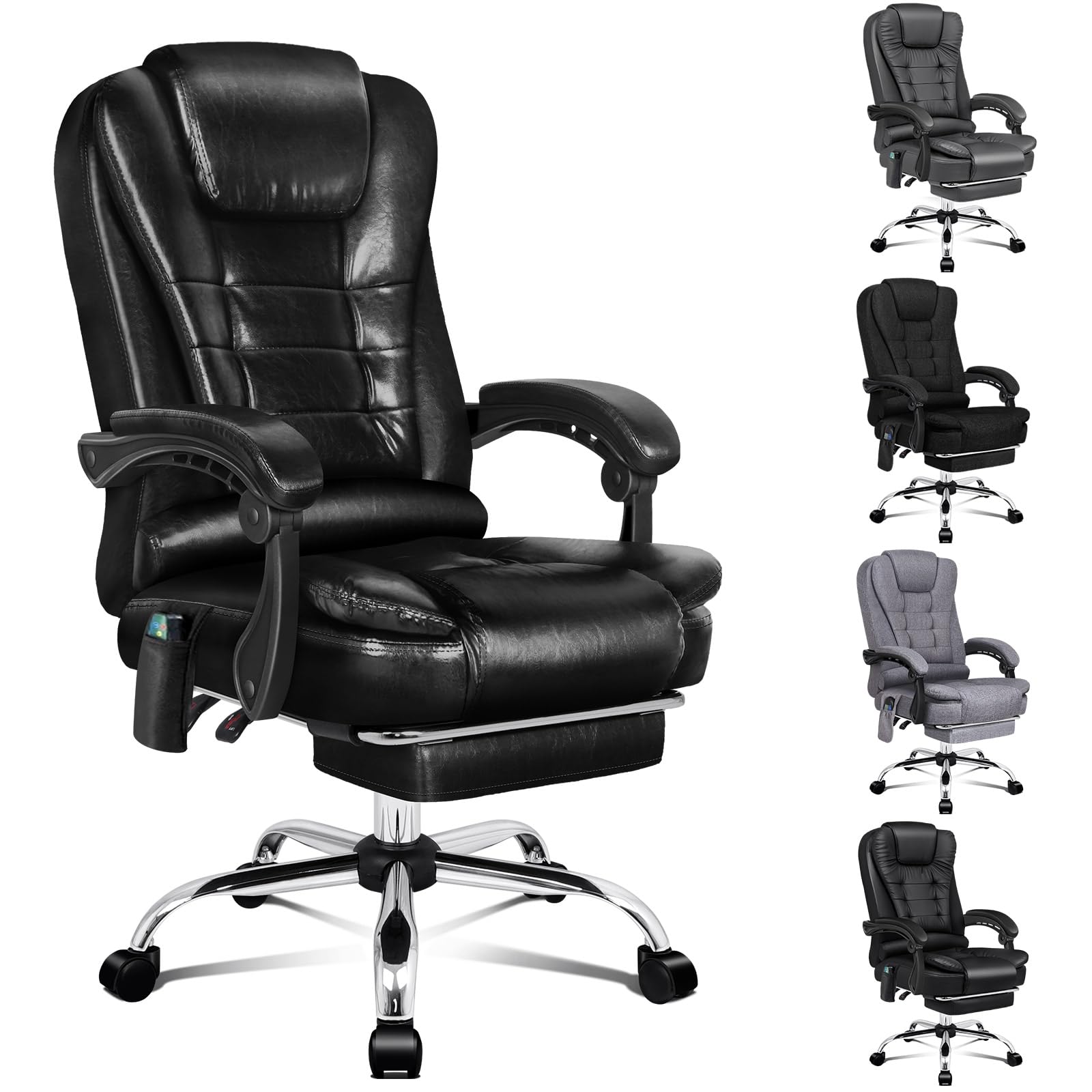 ALFORDSON directiestoel, massagestoel met verstelbare rugleuning, ergonomische bureaustoel met dikke zitkussens, fauteuil met lendensteun, kunstleer, wit