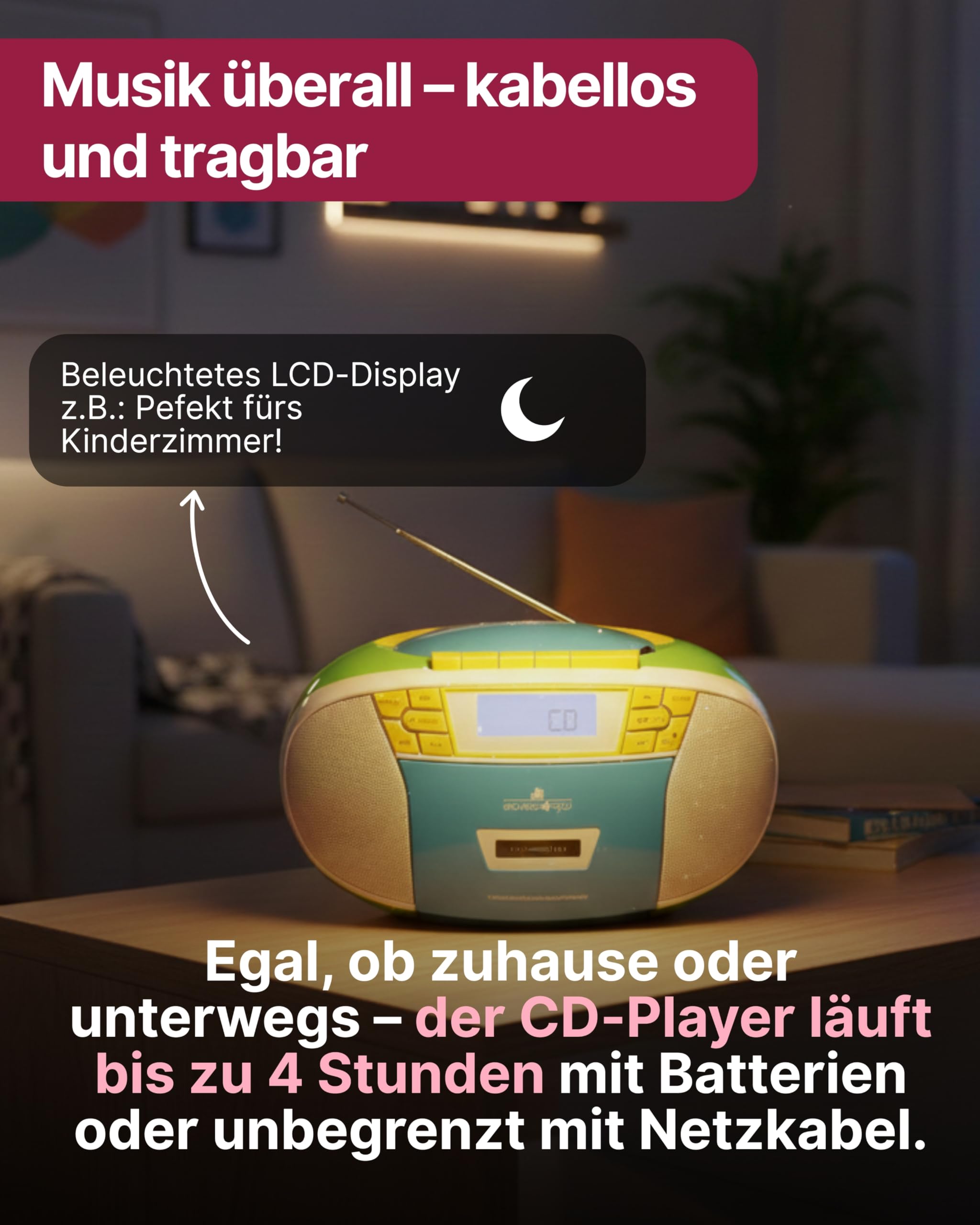 SCHWAIGER CD-Player I mit Kassettendeck & FM-Radio I tragbarer CD- & Kassettenspieler I CD-R, CD-WR, MP3, AUX, USB, FM kompatibel I im 90er-Jahre Retro Look I tragbar & kabellos