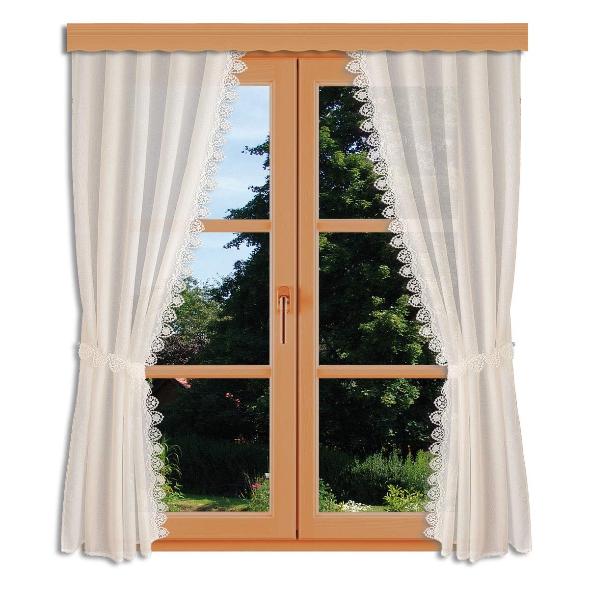 Seitenschalgarnitur Merida Vogtländische Spitze in natur | Set 4-teilig mit 2 Dekoschals und 2 Raffhaltern | Landhausgardinen mit geblümter Stickereikante | Vorhang-Set Höhe x Breite 180 x 80 cm