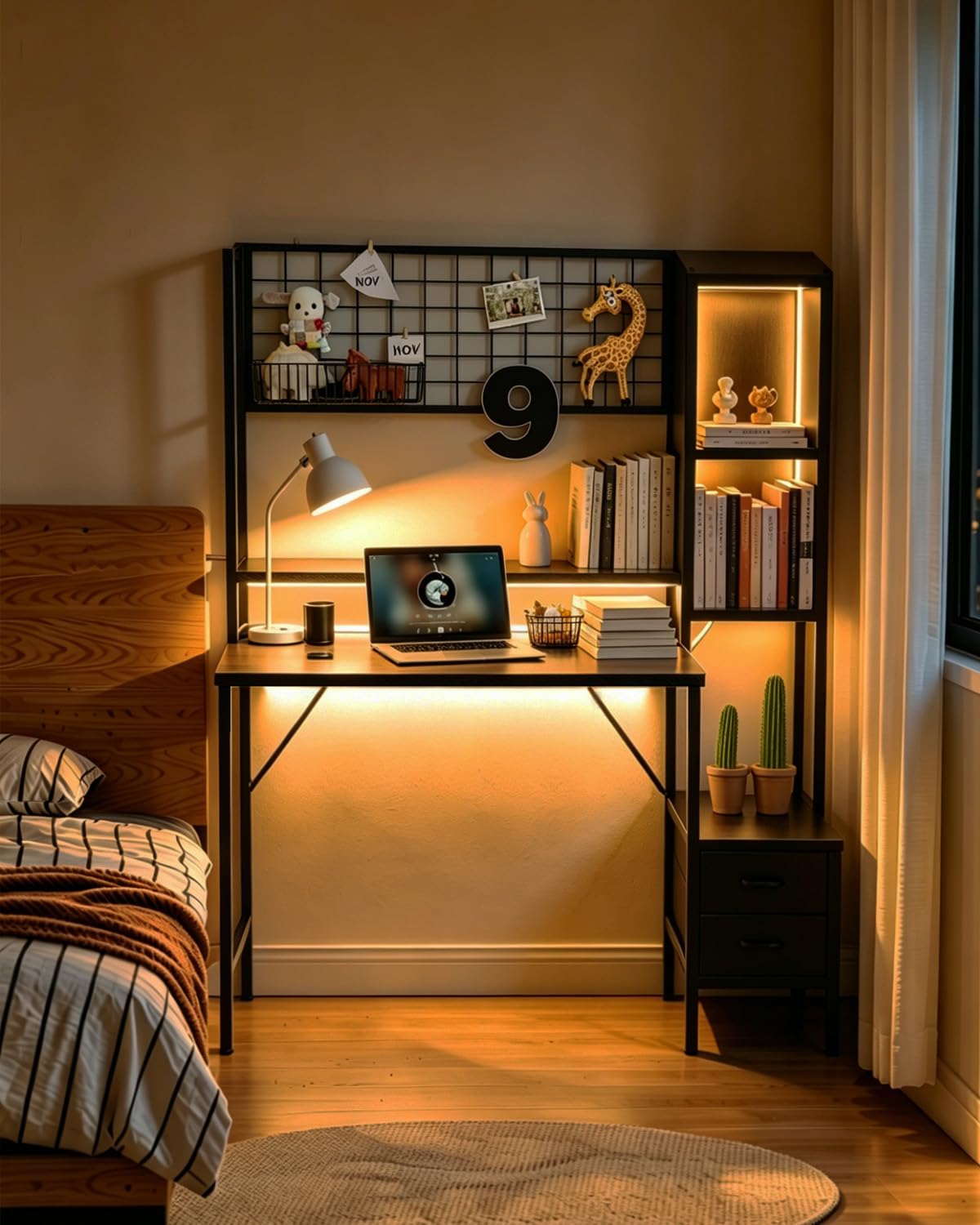Devoko Escritorio Gaming 120 x 48 cm Negro | Estante integrado, Cajones incorporados, Luz LED, Enchufe eléctrico, Fibra de carbono, Amplio almacenamiento