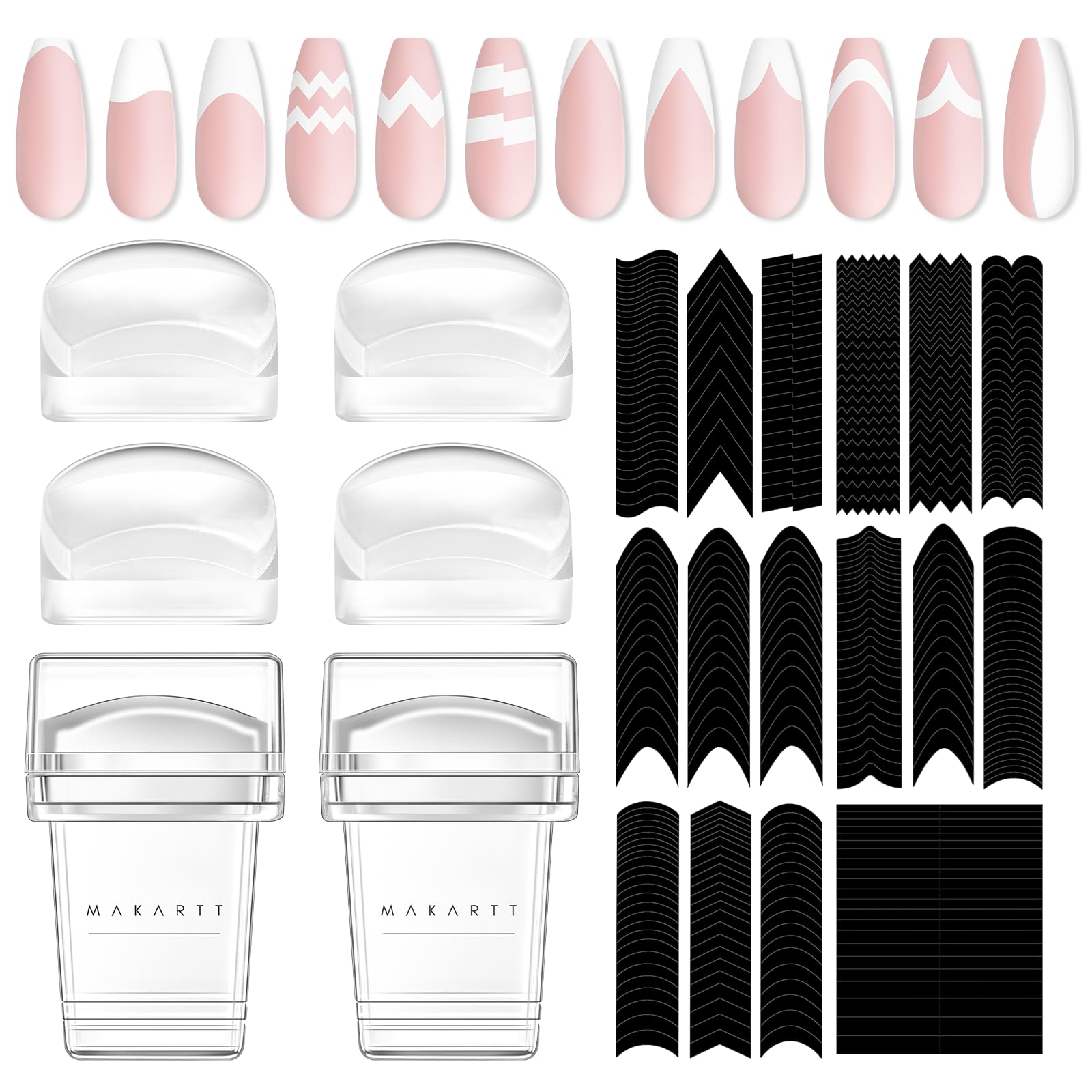 Makartt 12 piezas French Nail Art Stamper Kit,2 Unidades Gelatina Nagelstempel 4 Stück austauschbarer Stempelkopf aus Silikon und 6 Blatt French-Manikurre Kanten-Hilfsfs-Nagelführungsaufkleber