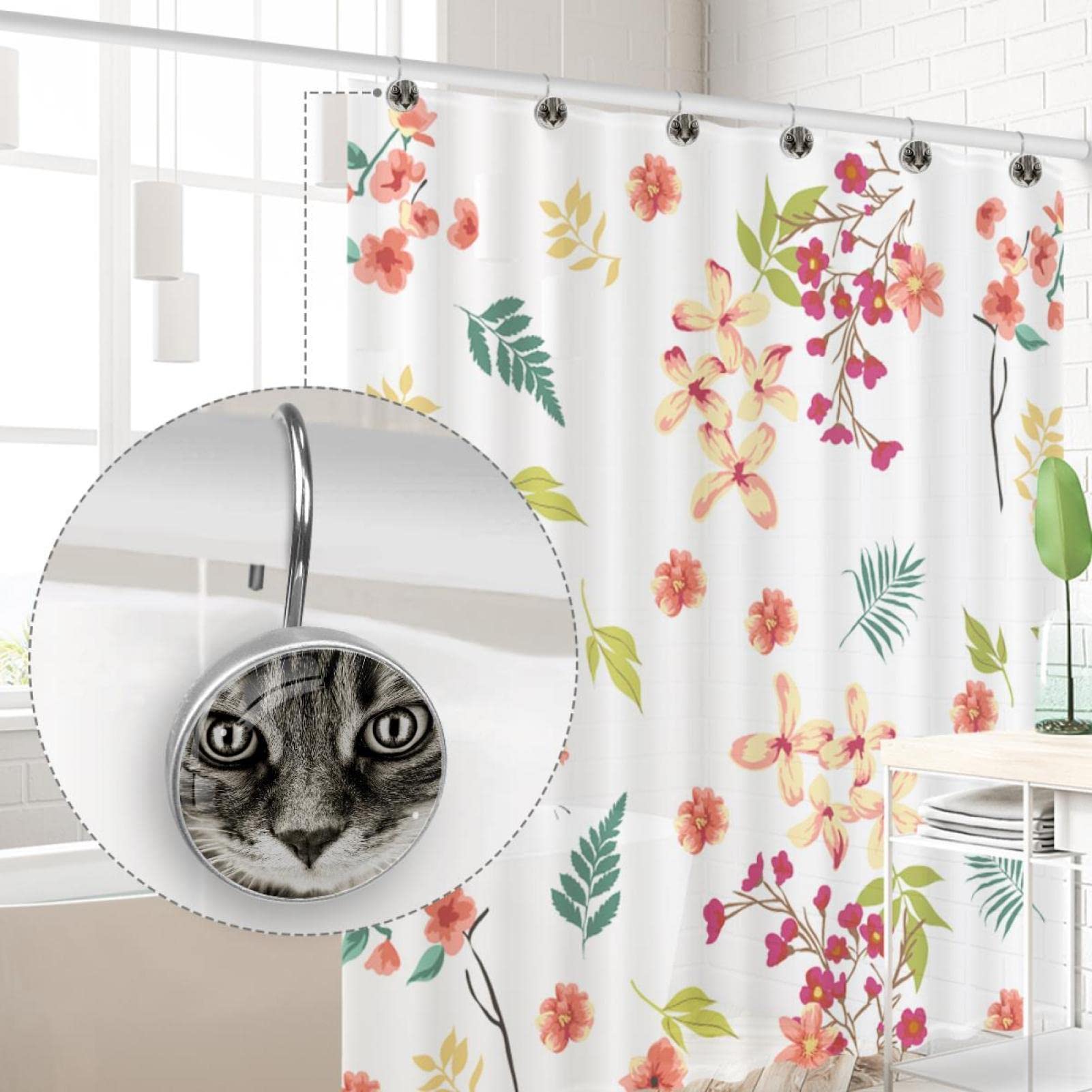 Moon Cat Duschvorhanghaken – 12 Stück Edelstahl Mit Acryl-Mond-Katzen-Anhängern, Für Stangen 20–30 Mm