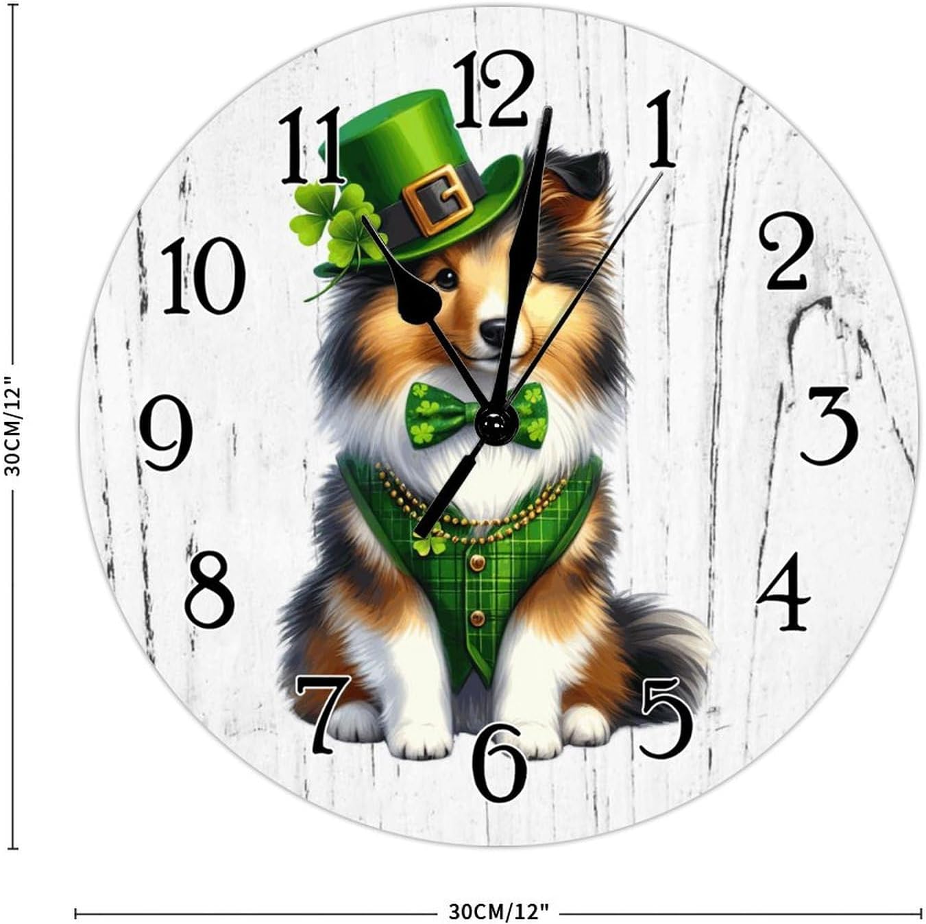 Shetland Sheepdog St. Patrick's Day Wood Wall Clock Shetland Sheepdog Dog Green Leprechaun Hat Leaf Clock Battery Operated Silent Hanging Wall Clocks Pet Owner Gift Wooden Clock 12x12in