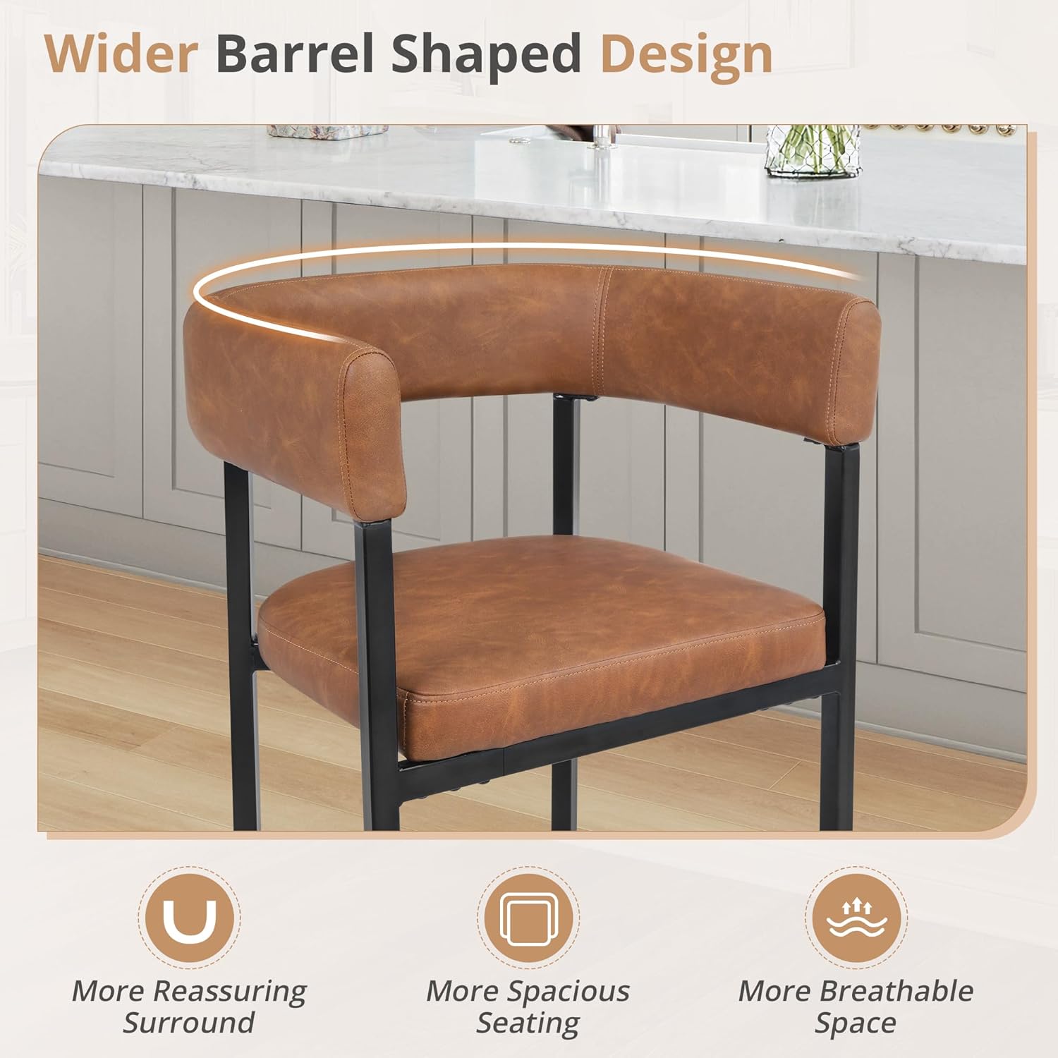 Set of 3 Brown Faux Leather Counter Height Bar Stools with Metal Frame