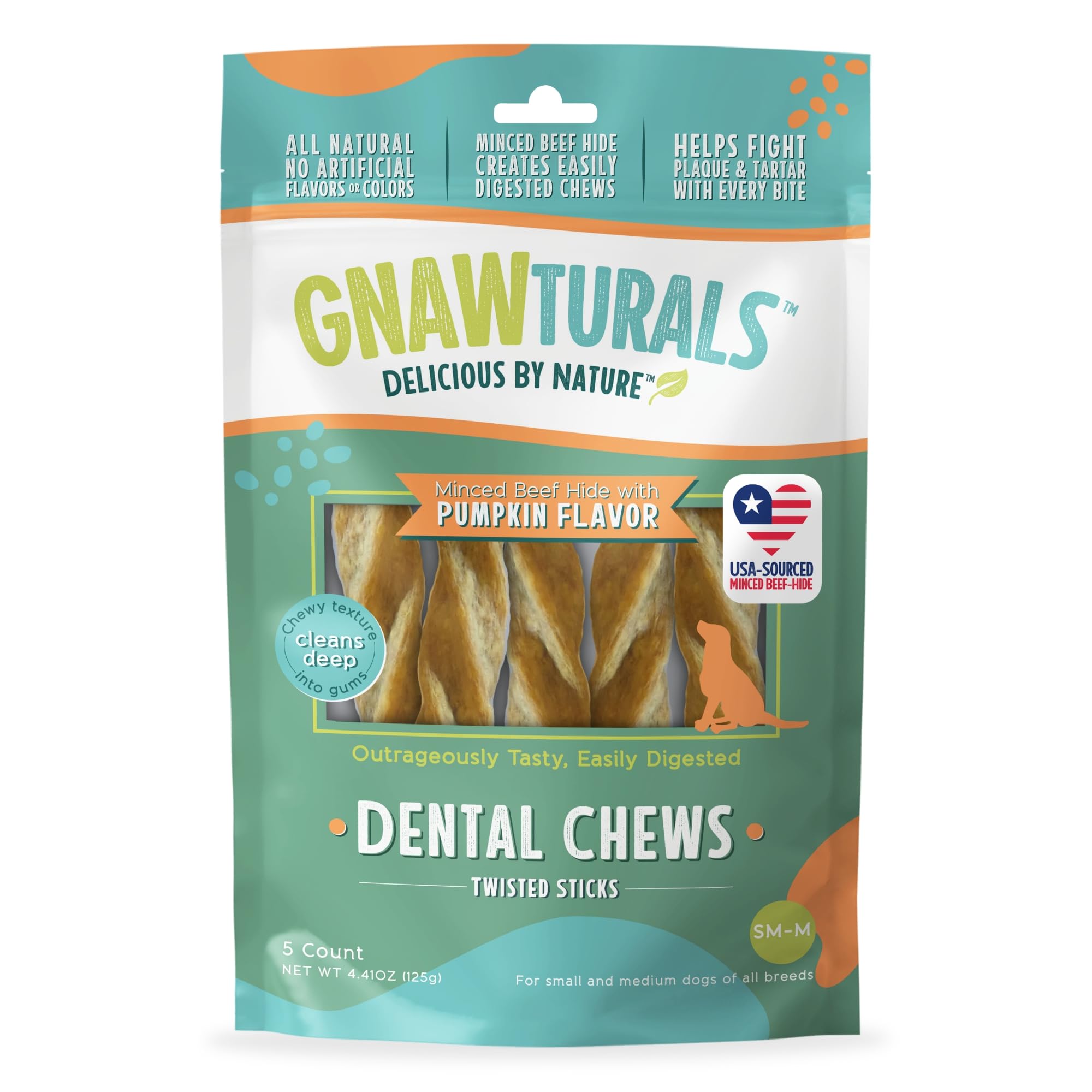 Gnawturals Dental Chews Twisted Sticks | for Medium and Large Dogs | USA Sourced Beef-Hide | Natural Scrubbing Action to Fight Plaque and Tartar While