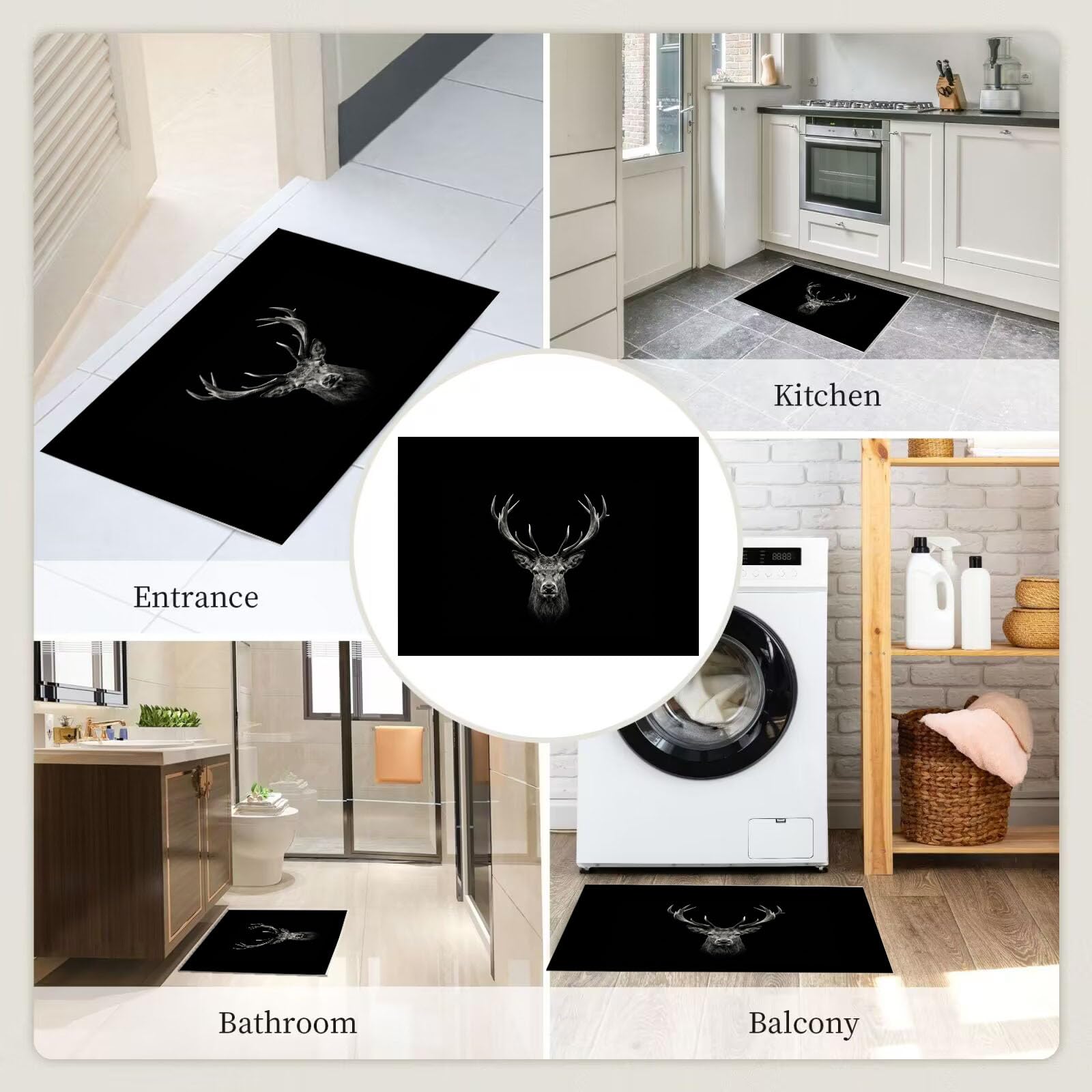Zerbino Ingresso Interno Semplice Renna Bianca E Nera, Zerbino Di Benvenuto Lavabile Morbida Animali Eleganti, Antiscivolo Tappeto Da Decorazioni Grigio Antracite Per Casa Porta, 90X150Cm