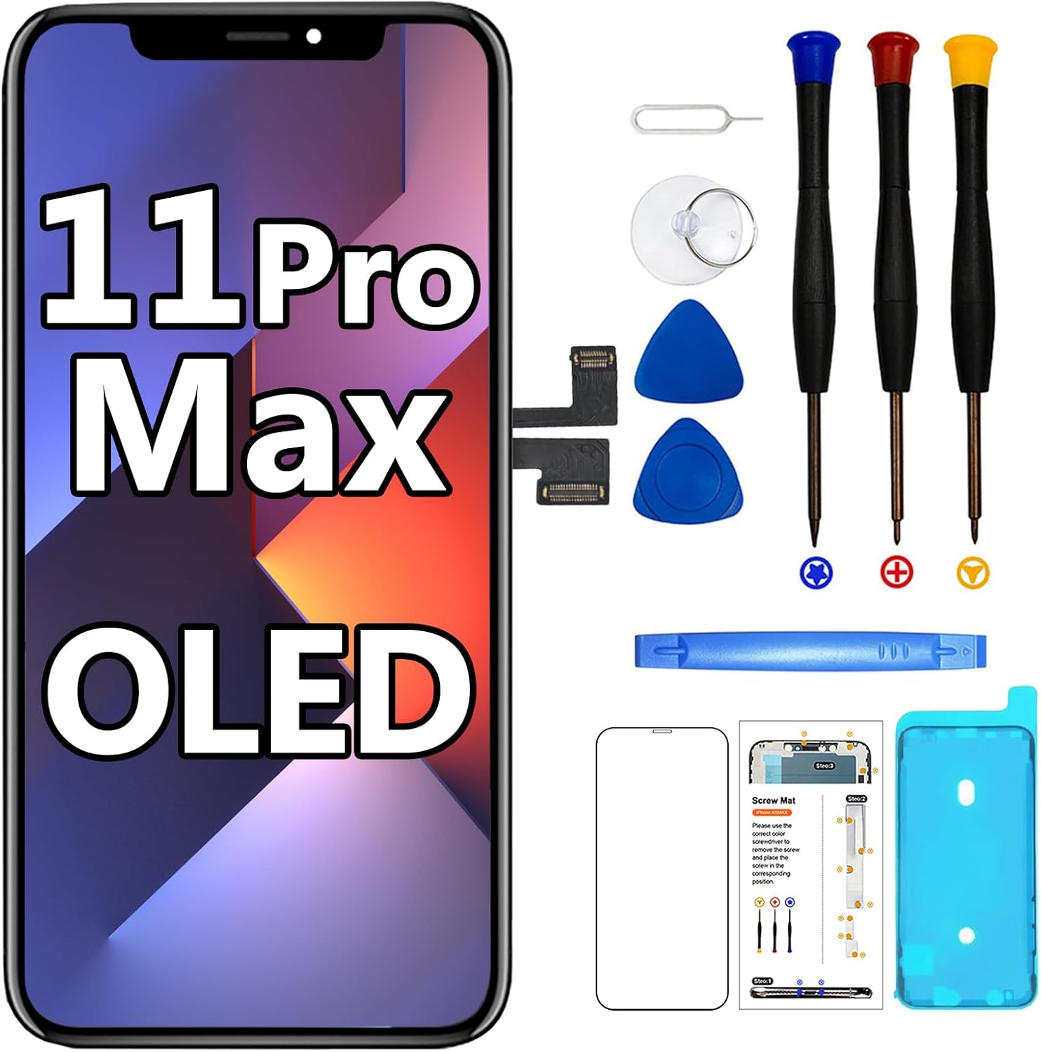 for iPhone 11 PRO MAX Screen Replacement OLED ，6.5 Inch [NOT LCD] Display 3D Touch Frame Assembly Digitizer with Repair Kit Screen Protector for Model A2218 A2220 A2161