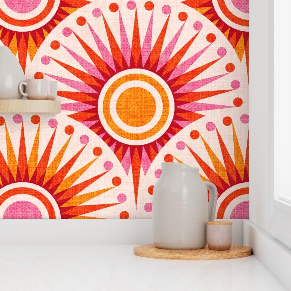 Spoonflower Peel & Stick Wallpaper 3ft x 2ft - Retro Orange Sun Boho Pink Red Yellow Sunset Sunrise Large Scale Custom Removable Wallpaper