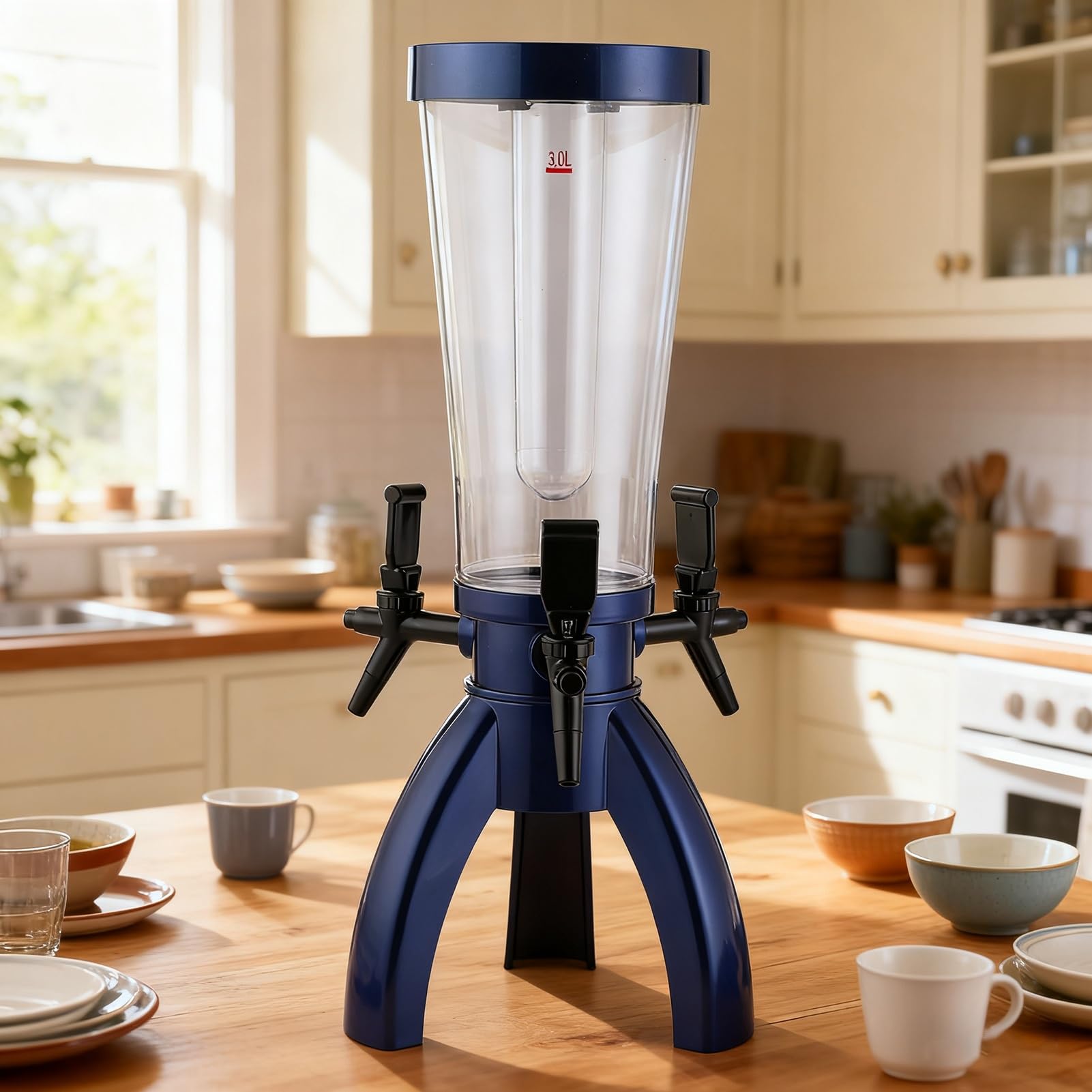 Dozownik Napojów Dystrybutor do Napojów w Kształcie Wieży Piwnej z Cylindrem do Lodu, Dystrybutor do Piwa w Kształcie Żyrafy z 3 Kranami, Wieża Mimosa w Domu(Blue)