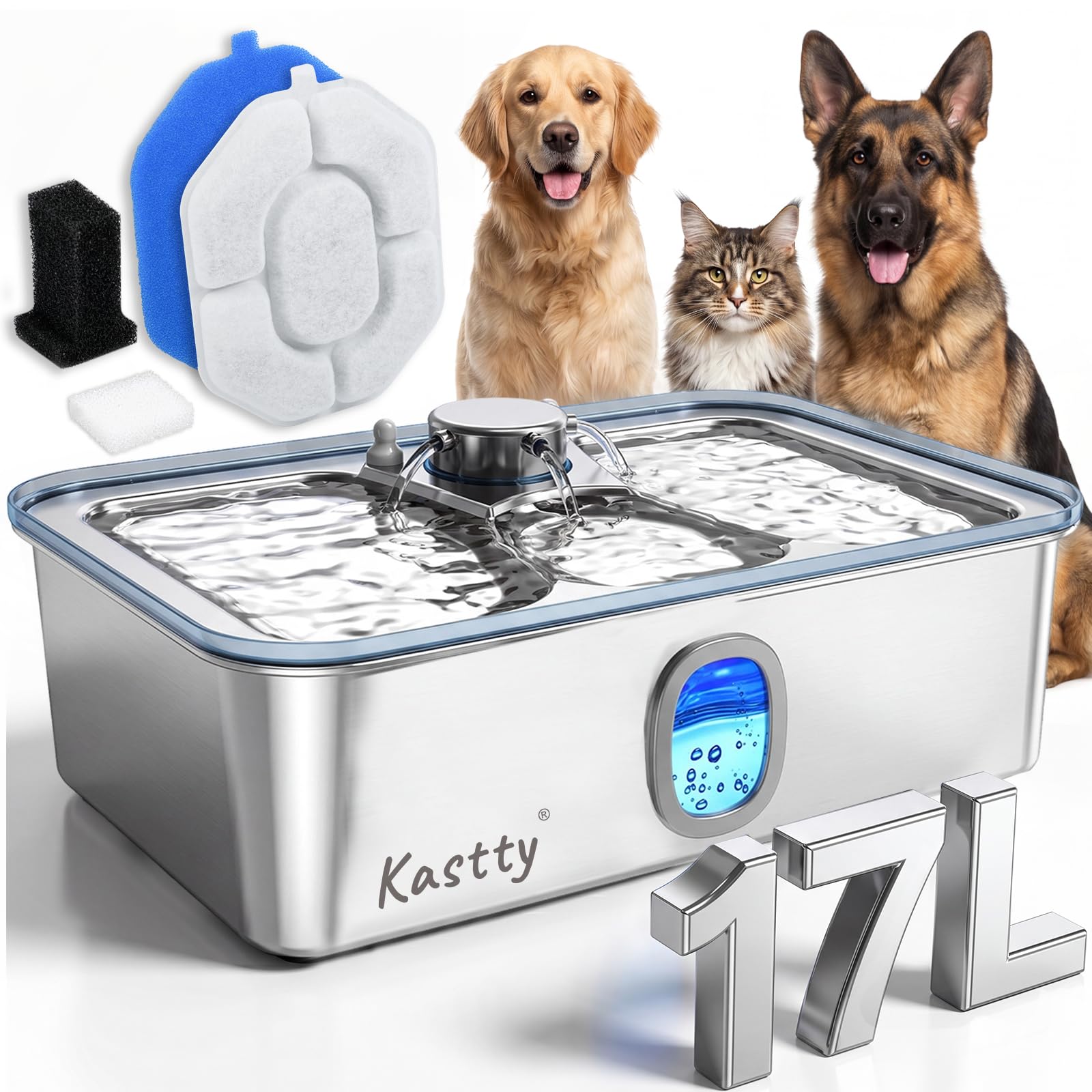 Kastty Fontaine à eau pour chien de 17 L, fontaine à eau en acier inoxydable pour animaux domestiques, distributeur automatique silencieux avec fenêtre visible et lumière d'alerte, idéale pour les