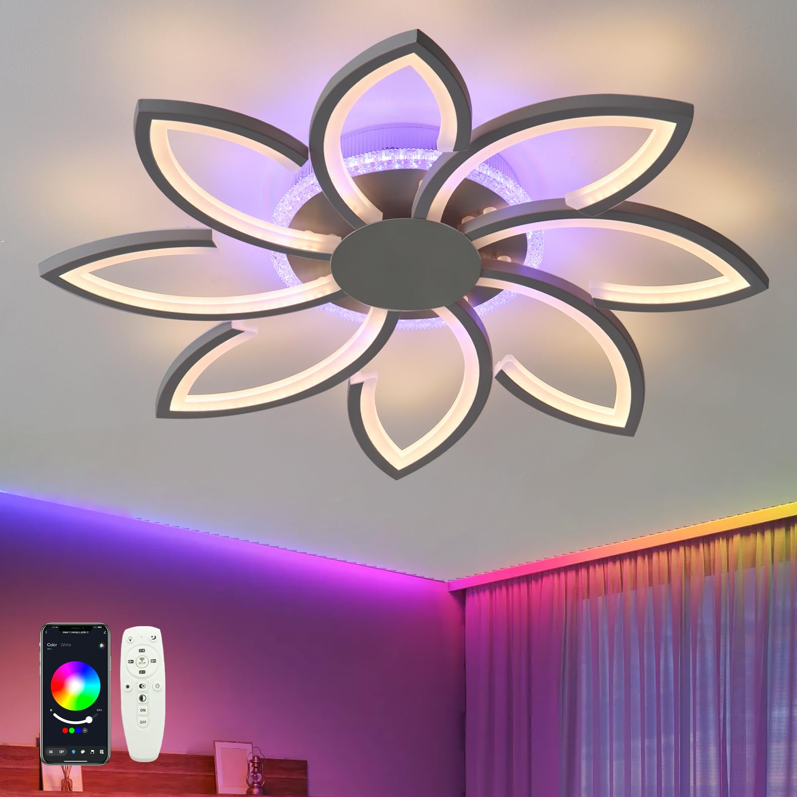 GWYAJTU RGB Lighting Ceiling with Changeable Color, LED Dimmable Ceiling Lamp with Remote Control and APP, 3000K-6500K for Living Rooms and Bedrooms, RGB Black