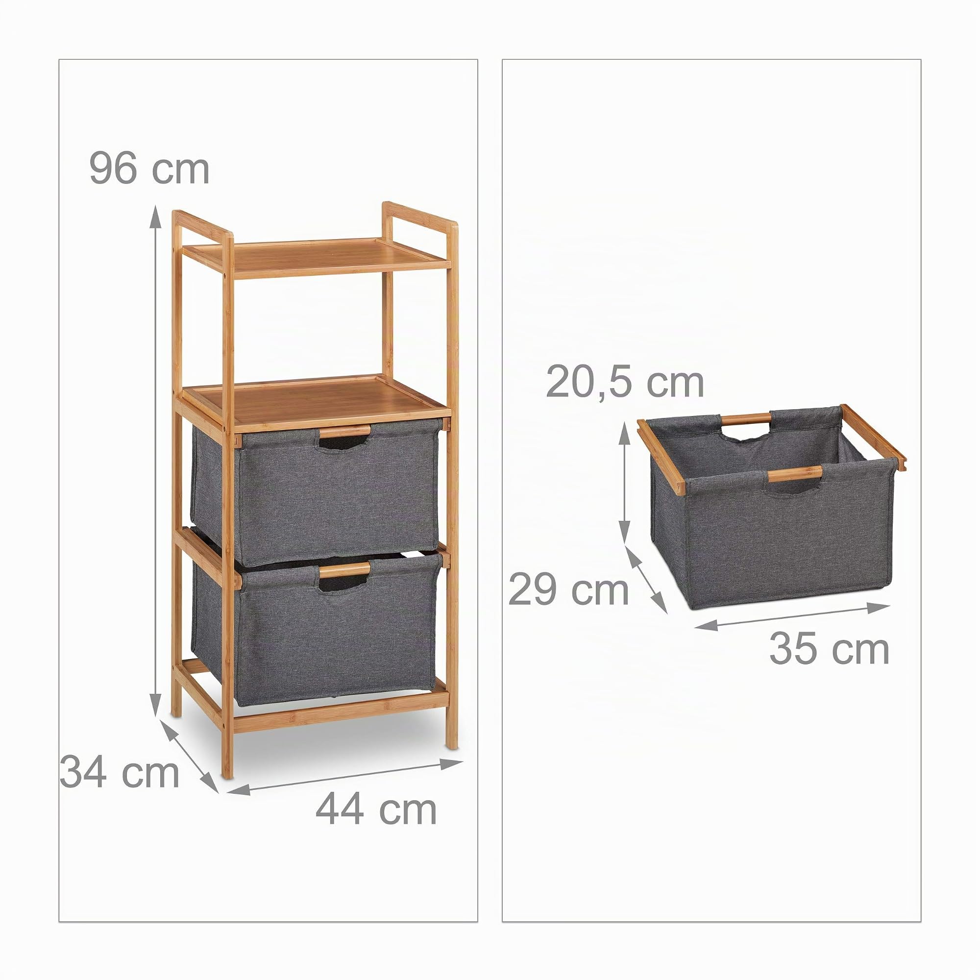 Relaxdays Mobile Bagno con Portabiancheria, Scaffale a Colonna in bambù, 2 Ripiani & 2 Cesti Estraibile, Naturale/Grigio