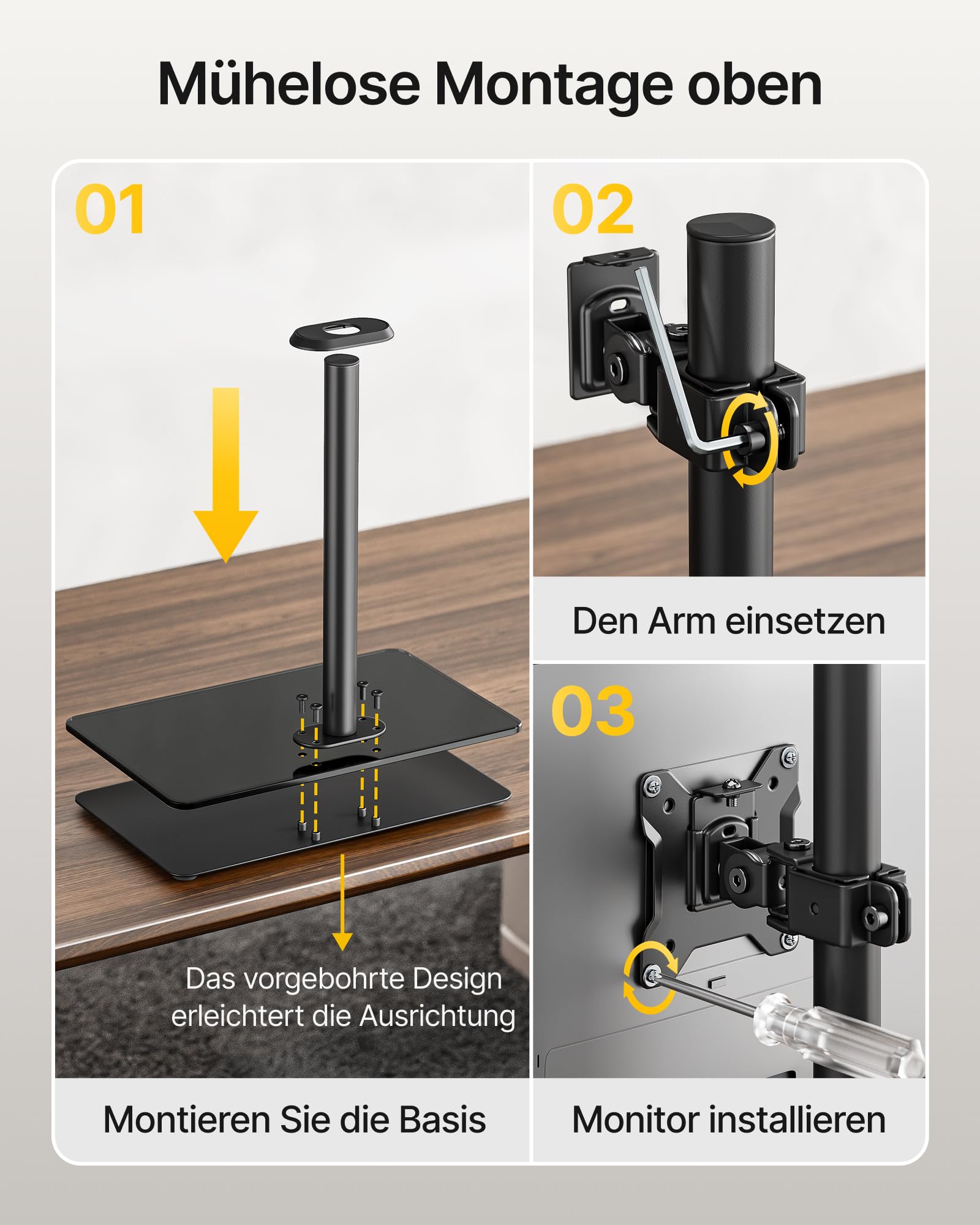monTEK Supporto verticale Monitior 2 Monitiore con base in vetro per schermi da 17-32 pollici, portata massima 10 kg per braccio, supporto per monitor autoportante, completamente mobile e regolabile