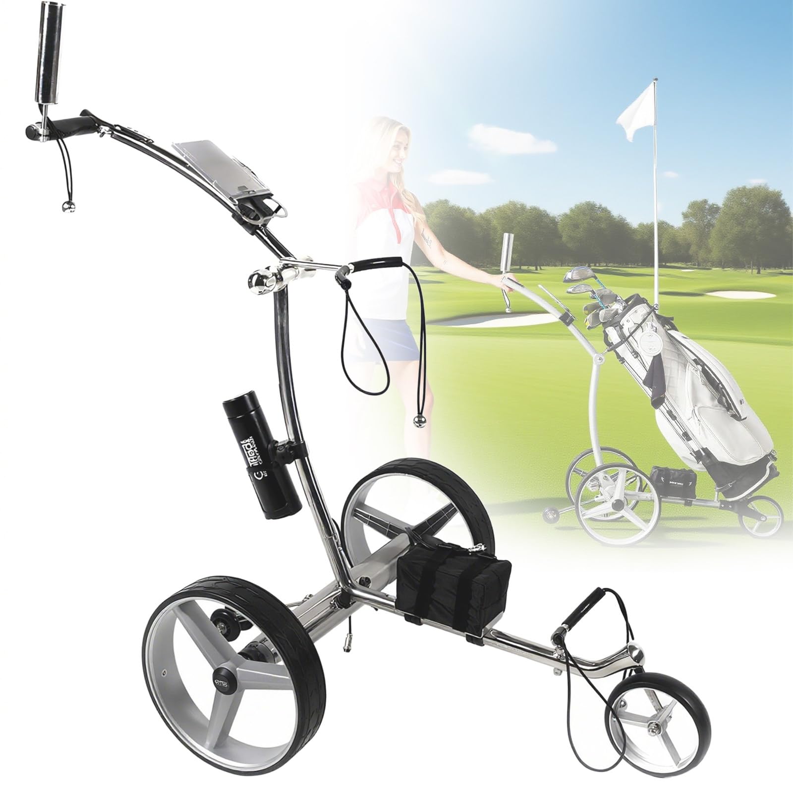 Carrello da Golf Elettrico Pieghevole a 3 Ruote, può Essere Riposto nel Bagagliaio Dell'auto, Crociera a Tempo Fisso e a Distanza Fissa di 10/20/30m, Funzione di Memoria Go/Stop +9 velocità