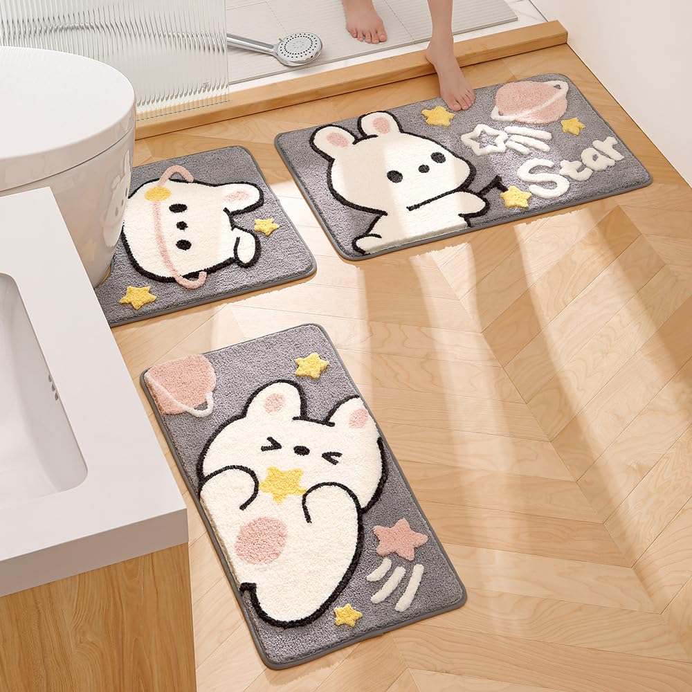 3Pcs Bath Rug Set Bathroom Mats Set,U-shaped Toilet Rug Soft Microfiber Non Slip Toilet Pedestal Mat, Shower Rugs Machine Washable (star rabbit)