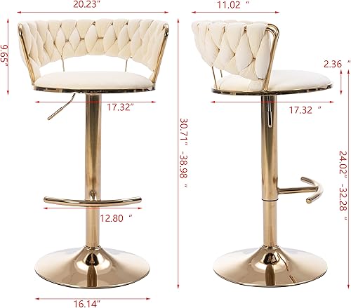 Miniatura 19 de Juego de 2 taburetes de bar tejidos de terciopelo, taburetes de cocina de altura ajustable, silla de isla, sillas de bar giratorias de 360°, chasis