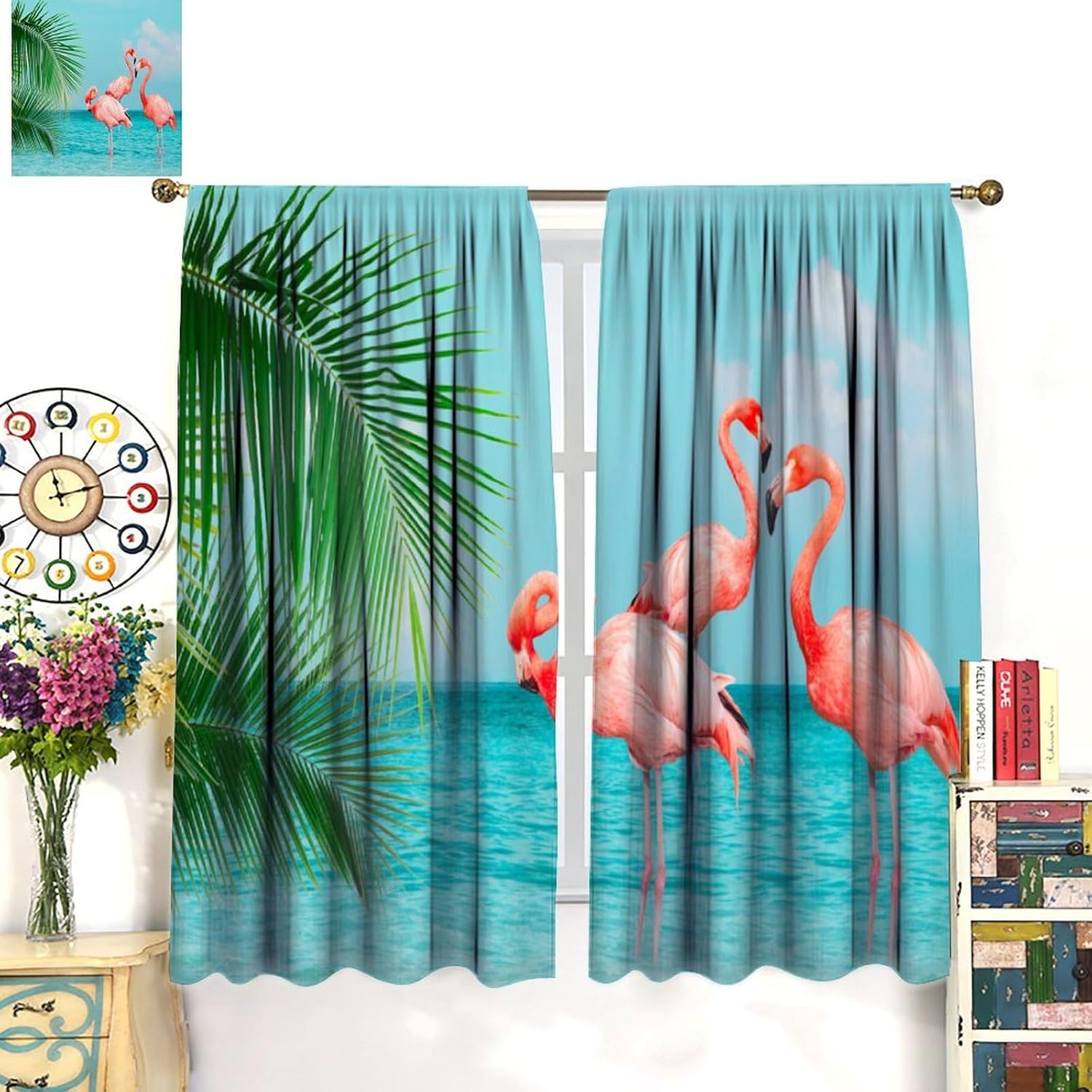Summer Ocean Beach Curtain Funny Pink Flamingo Green Tree Leaves Blackout Window Drapes for Bedroom Living Room Kitchen Cafe Decor （W21xL54 Inch） x2 Panels