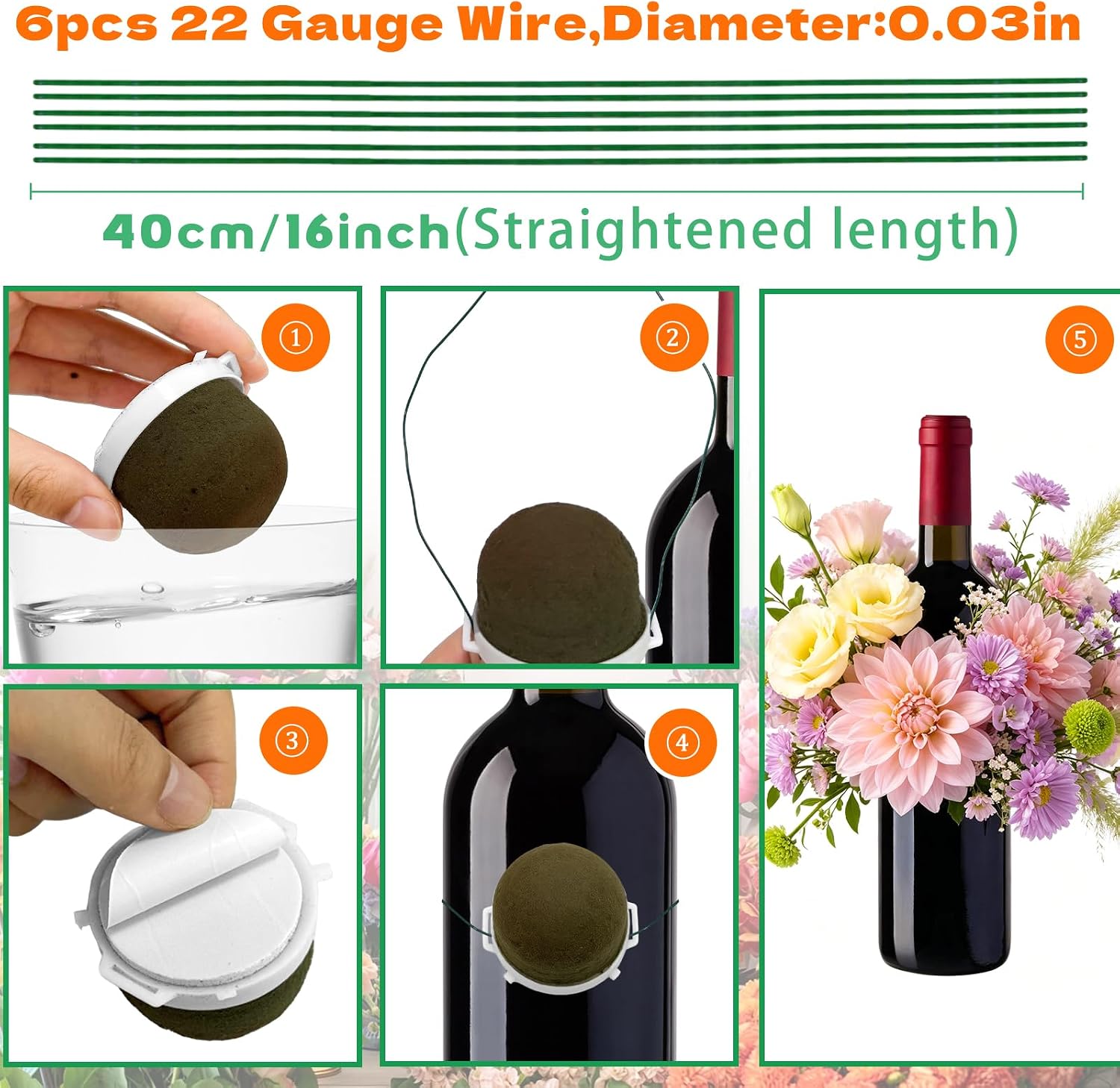 6 Sets Mini Floral Foam Holder,Round Flower Holders with Stem Wires Florist Arrangement Supplies for Wine Bottle Decor,Wedding,Party Centerpiece,DIY Decoration,2x1.6inch