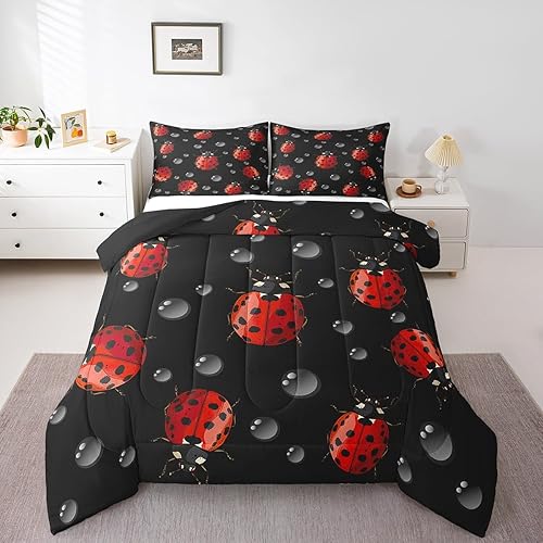 Erosebridal Juego de edredón de mariquita tamaño Queen, juego de ropa de cama de mariquitas rojas para niños, lindo relleno de edredón de mariquita