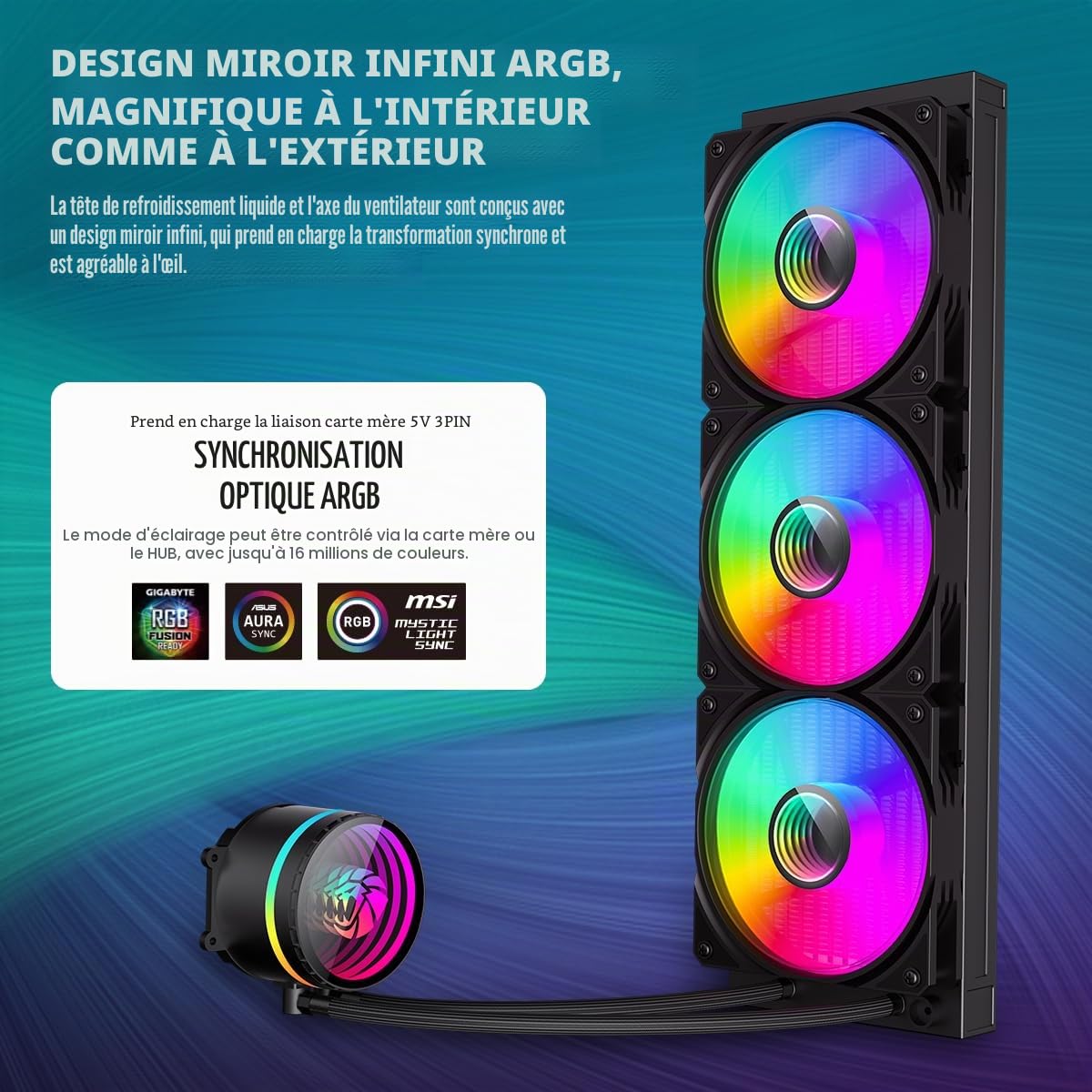 GAMEMAX ICEBURG 360 Infinity BK WaterCooling 360mm ARGB, 300 W TDP, Bloc Infinity rotatif 270°, Protégé contre les fuites (EPDM), 3 ventilateurs PWM silencieux 120 mm, Compatible Intel & AMD, Noir