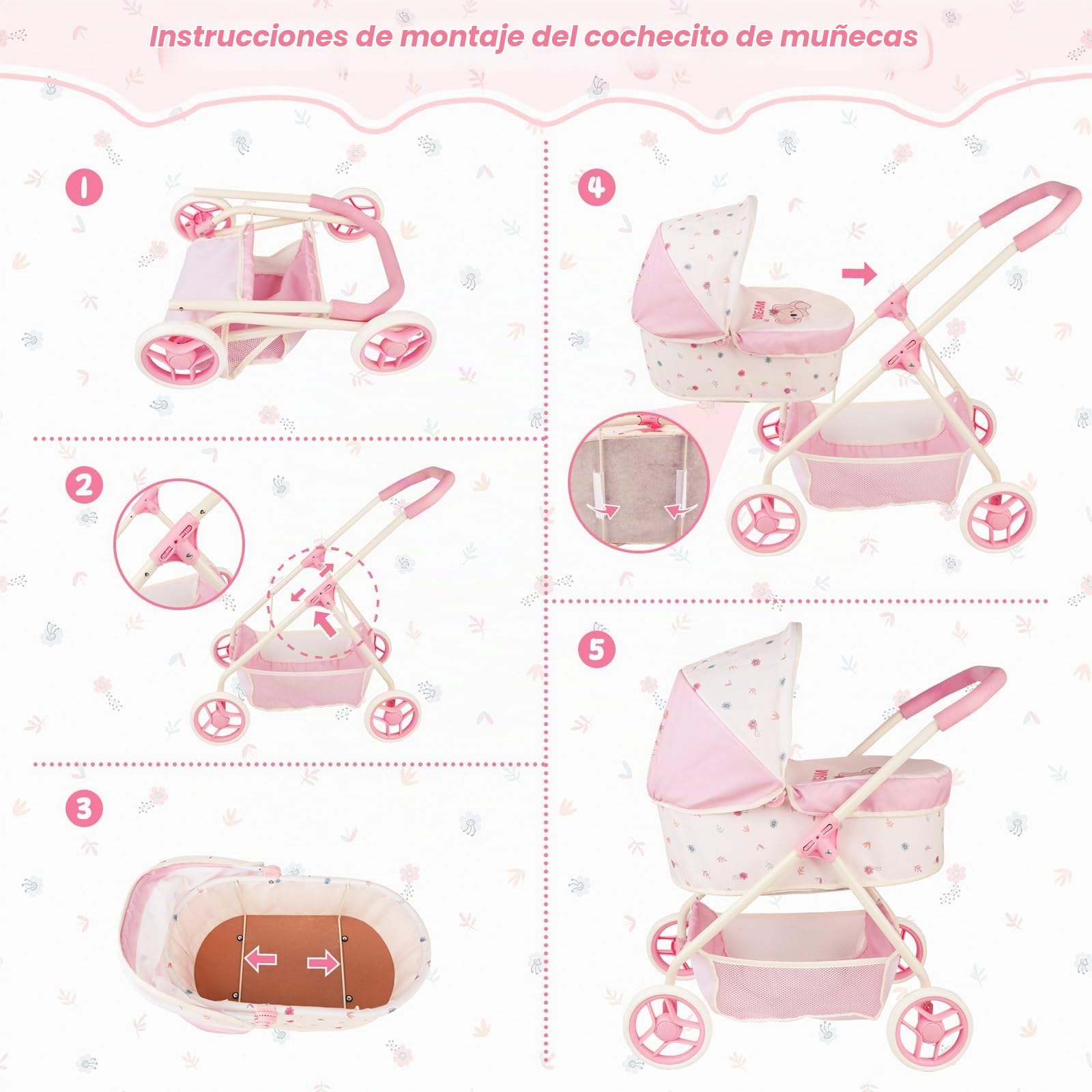 deAO Carrito de Muñecas 2 en 1 con Capazo Extraíble y Capota Ajustable