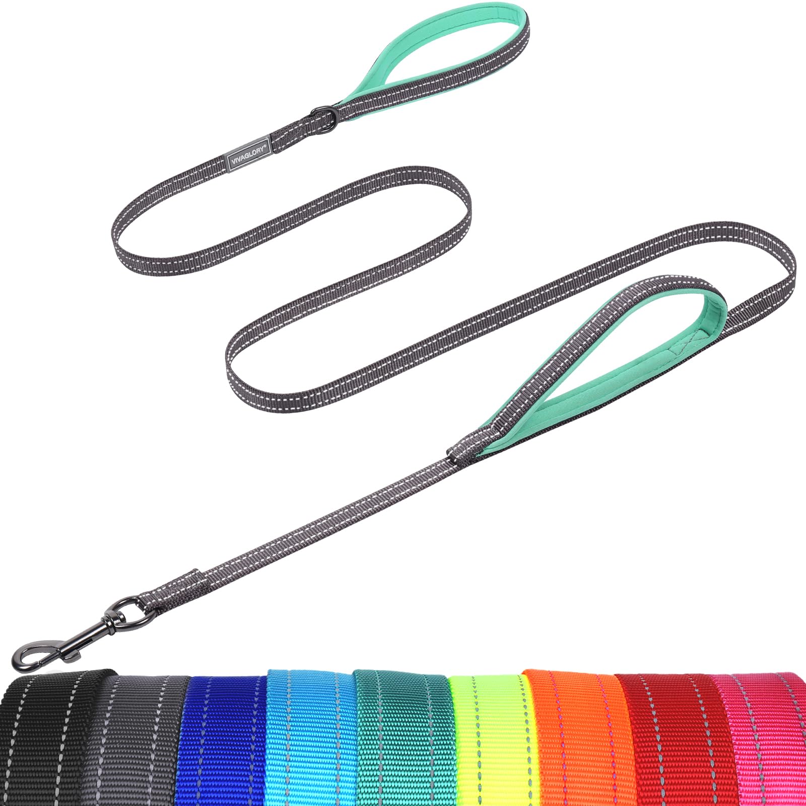 VIVAGLORY Dog Leash Twingrip Double Handle Dog Leash with Traffic Handle & 2 Loop for Walking & Training, Traffic Control Reflective Heavy Duty for Puppy Pet, 5ft x 1/2in, Grey