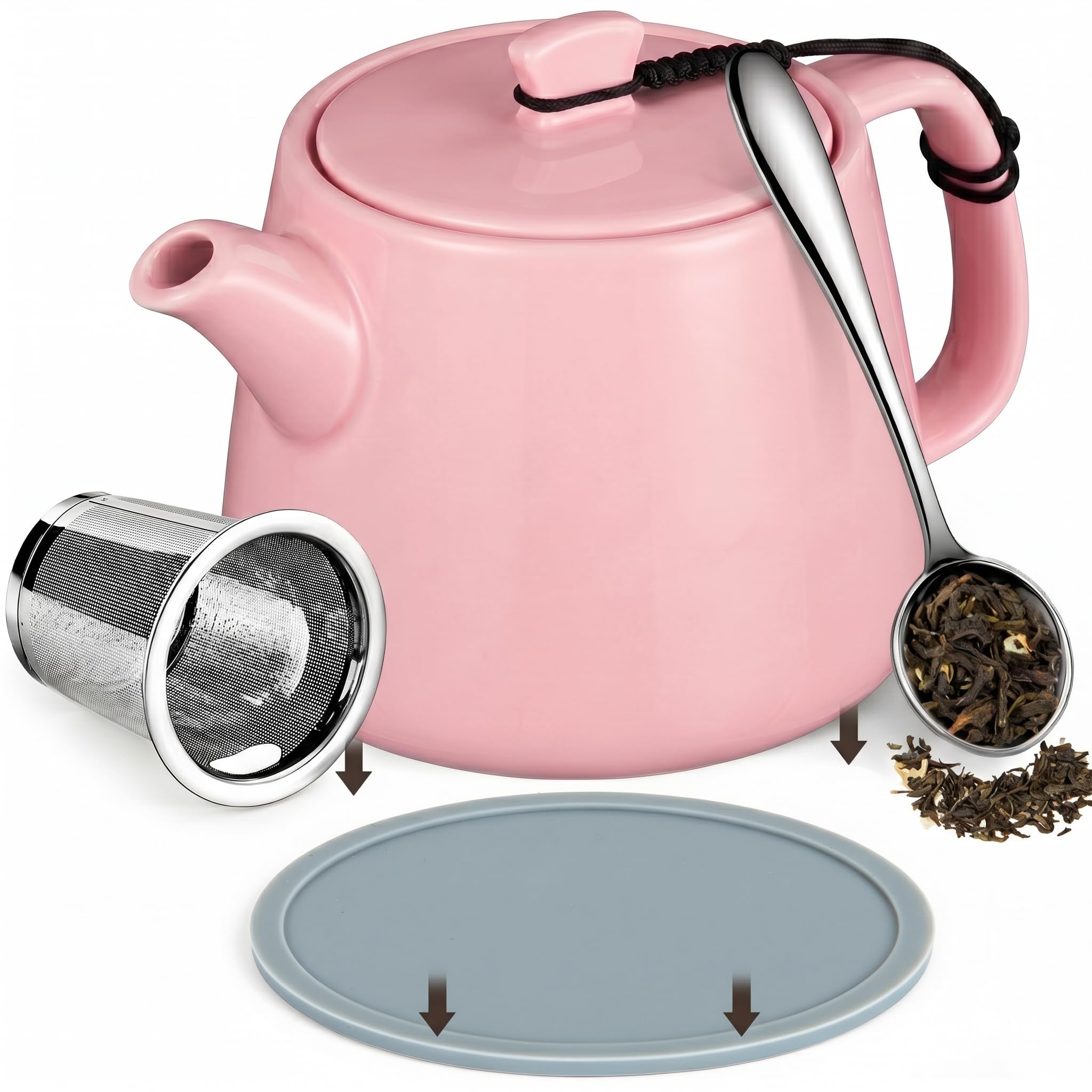 Brew To A Tea Handmade Porcelain Teapot with Infuser, 600ml/20.29oz Heat-Resistant Stump Teapot for Loose Leaf Tea, Includes Removable Strainer, Tea Scoop and Mat