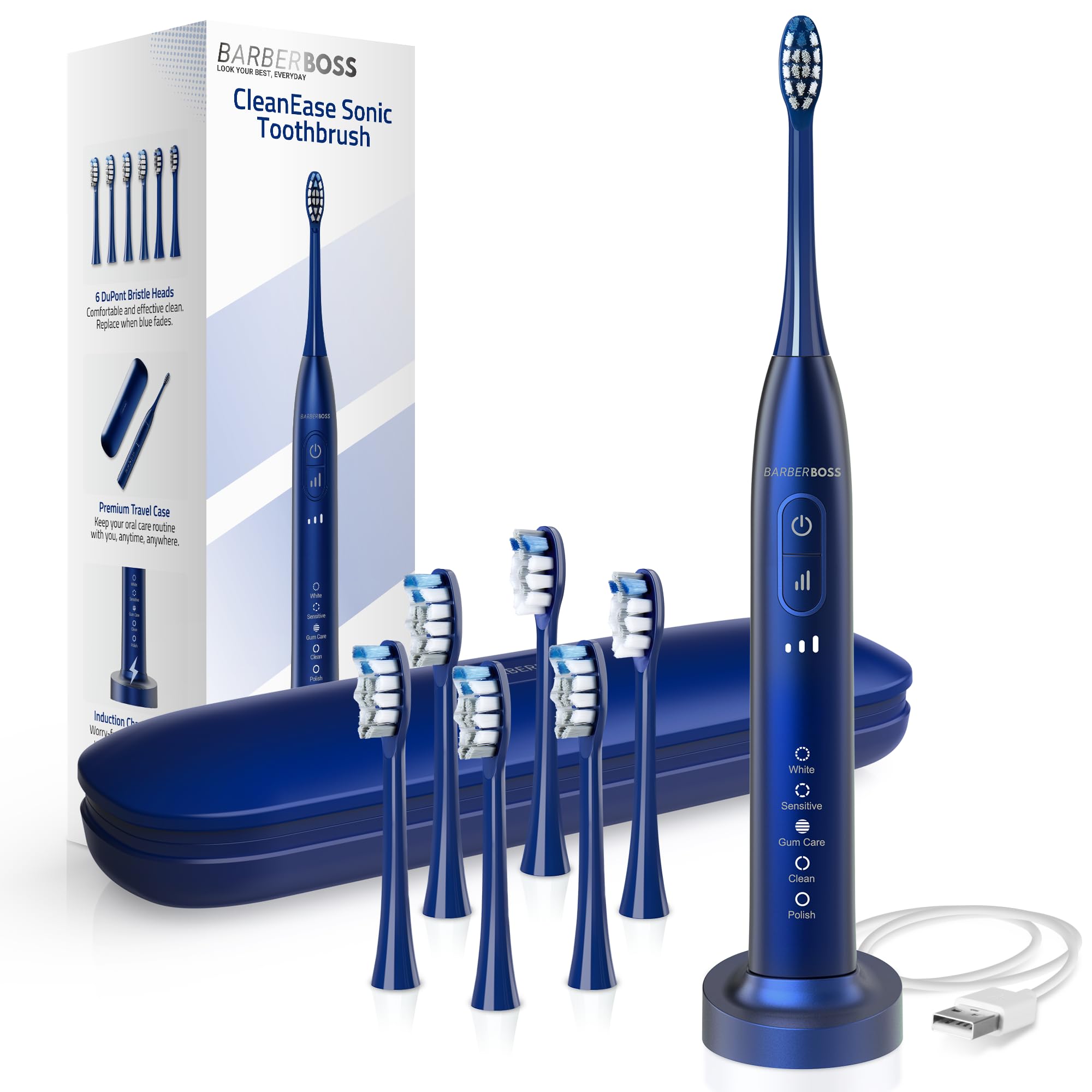 BarberBoss Sonic Toothbrush for Adults, Electric Toothbrush with 6 Brush Heads, 5 Brushing Modes × 3 Intensity Levels, Pressure Sensor, Travel Case & Long-Life Battery, QR-7306 (Navy)
