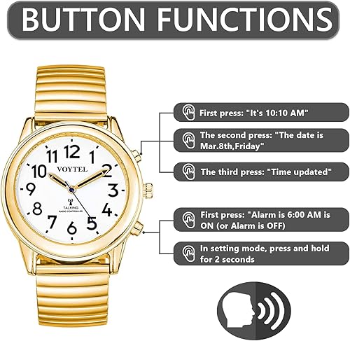 Miniatura 19 de English Talking Men's Watch for Elderly, Low Vision or Visually Impaired, Loud Sound, Large Numbers, Bold Hands, Stainless Steel Expandable Strap
