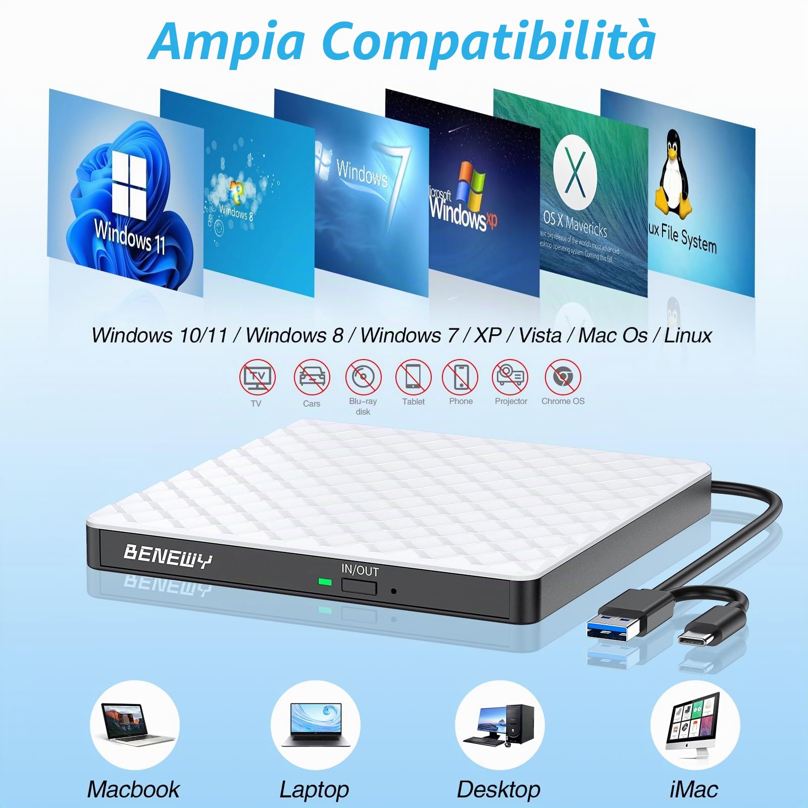 BENEWY Lettore Masterizzatore Unità Esterna Lettore CD/DVD -/+RW per PC Portatile,Laptop,Desktop,Macbook per Windows 11/10/8.1/7/XP/Vista/Linux/MacOS