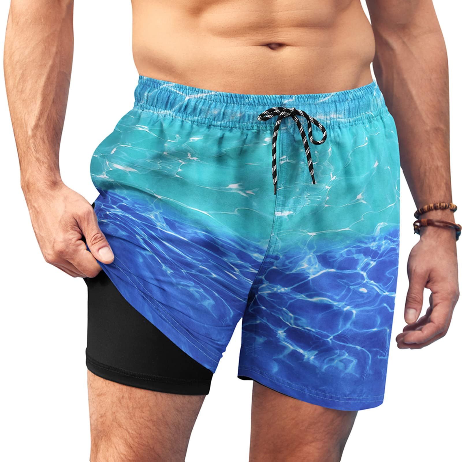 AI'MAGE Badehose für Herren mit Kompression Liner 2 in 1 Badeshorts Männer Elastisch Trainingsshorts Tunnelzug mit Taschen, S-XXL