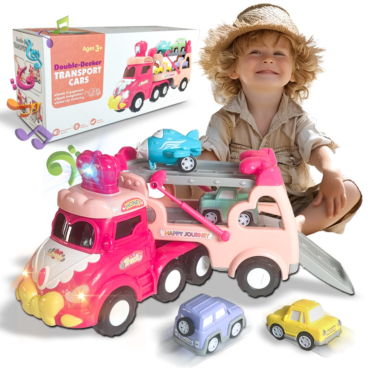 xwin sportseries 5 in 1 Car Transport Toy Set for Kids with Light-Up Features Includes Carrier Truck and 4X Play Vehicles Mini Cars - Sounds and Lights - Princess Car Pink Gift for Toddlers Children