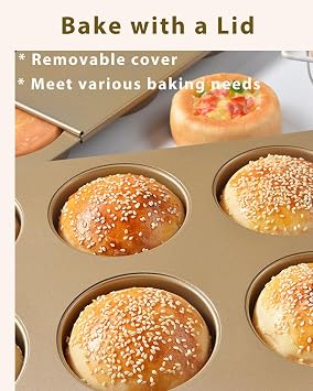 Muffin Top Pan for Baking with Lid 3.7inch Jumbo Size, 6 Cup Straight Side Professional English Muffin Cupcake Pan, Non-Stick Hamburger Bread Forms - Stainless Steel, Gold