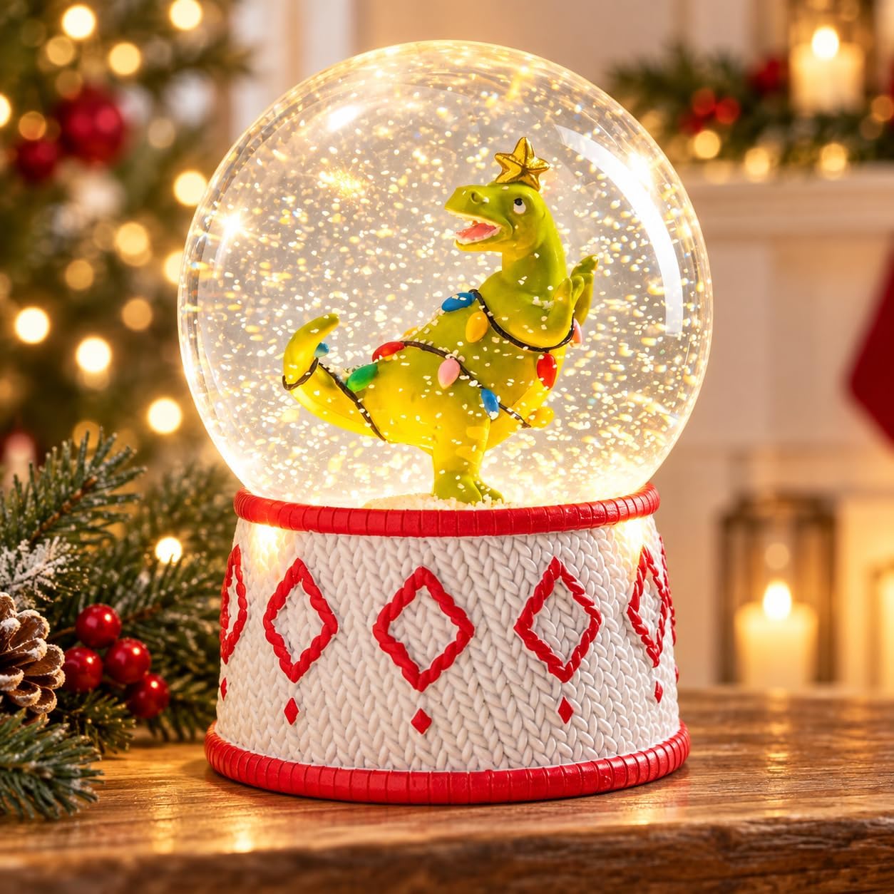 MUMTOP Dinosaur Christmas Snow Globe, Musical LED Water Globe with 8 Songs