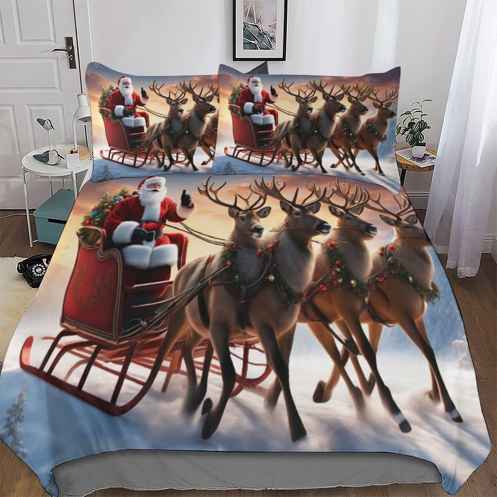 Santa Claus Duvet Cover Set Kids Bed Cover Adults Bedroom Quilt Cover 3 Pcs, 3D Printing Bedding Comforter Cover Bedspread, Soft Microfiber Bed Set Double (200x200cm)