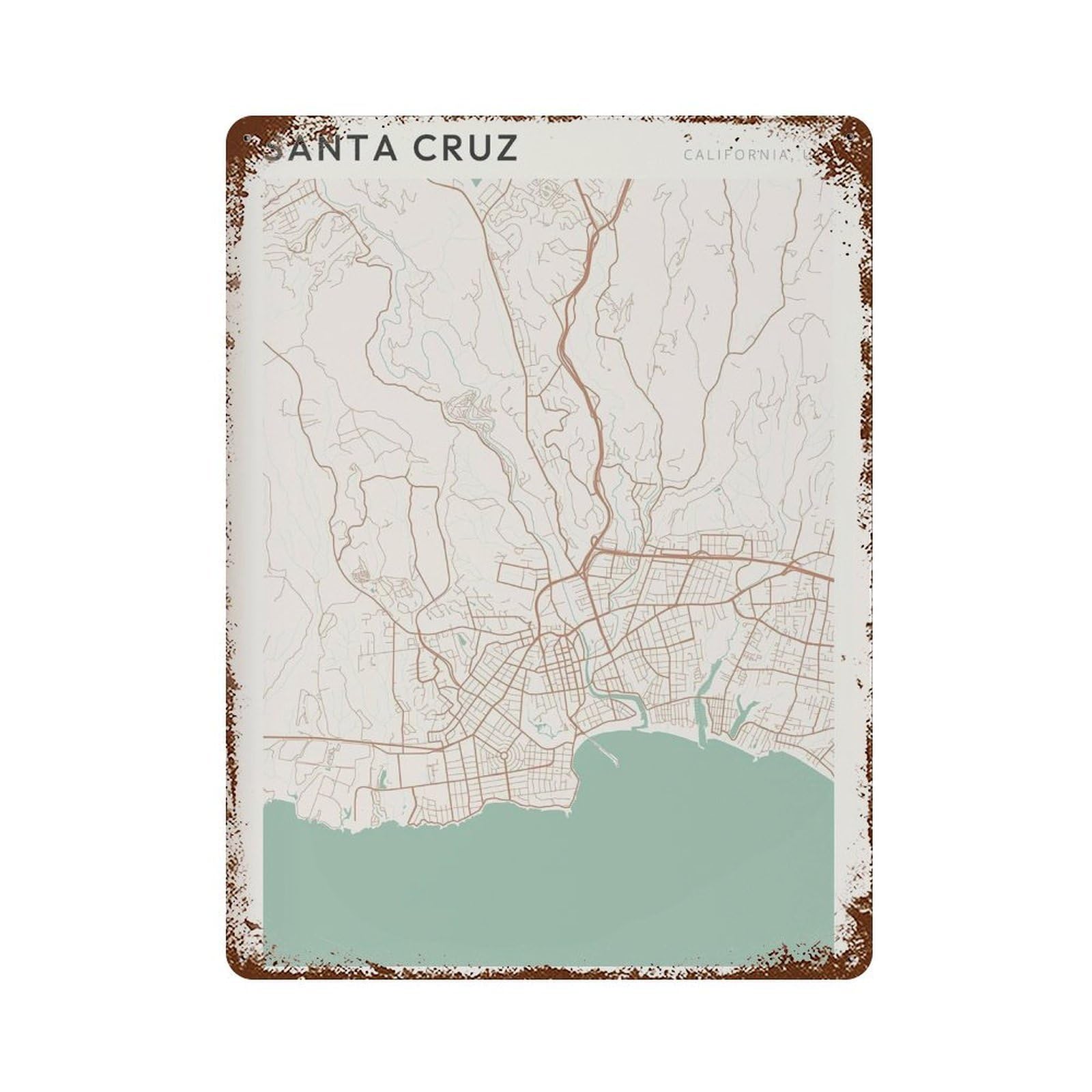 xiaoxiaoshen Santa Cruz Map California Travel Gift Minimalist Wall Decor Art Metal Tin Poster Modern Home Decor Art Home Bar Shop Decorations Vintage Sign 40x30cm