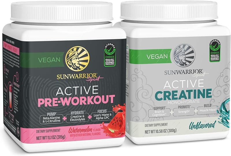 Sunwarrior Pre-Workout Powder Plant-Based & Vegan | 30 Servings, Watermelon & Creatine Monohydrate Powder | Unflavored, 60 Servings