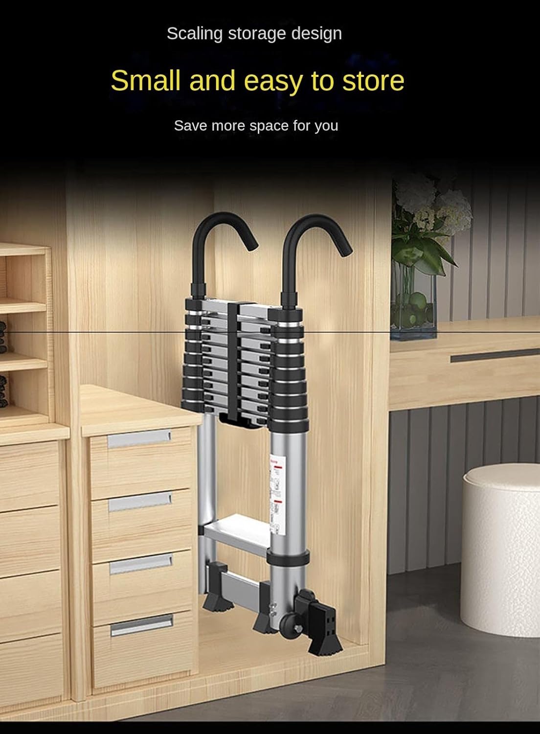 The Aluminum Telescopic Ladder, with a Straight and Non-Slip Ladder with a Hook and Non-Slip, The Adjustable Portable Folding Ladder with a Pulley, for Family and Outdoor, The Capacity of 33