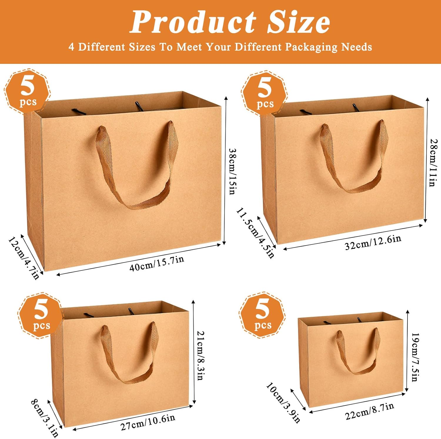 Lainballow 20 Pcs Brown Paper Gift Bags With Ribbon Handles - 4 Assorted Sizes Kraft Merchandise Bags for Business, Boutique, Retail, Holiday, Party - Image 2