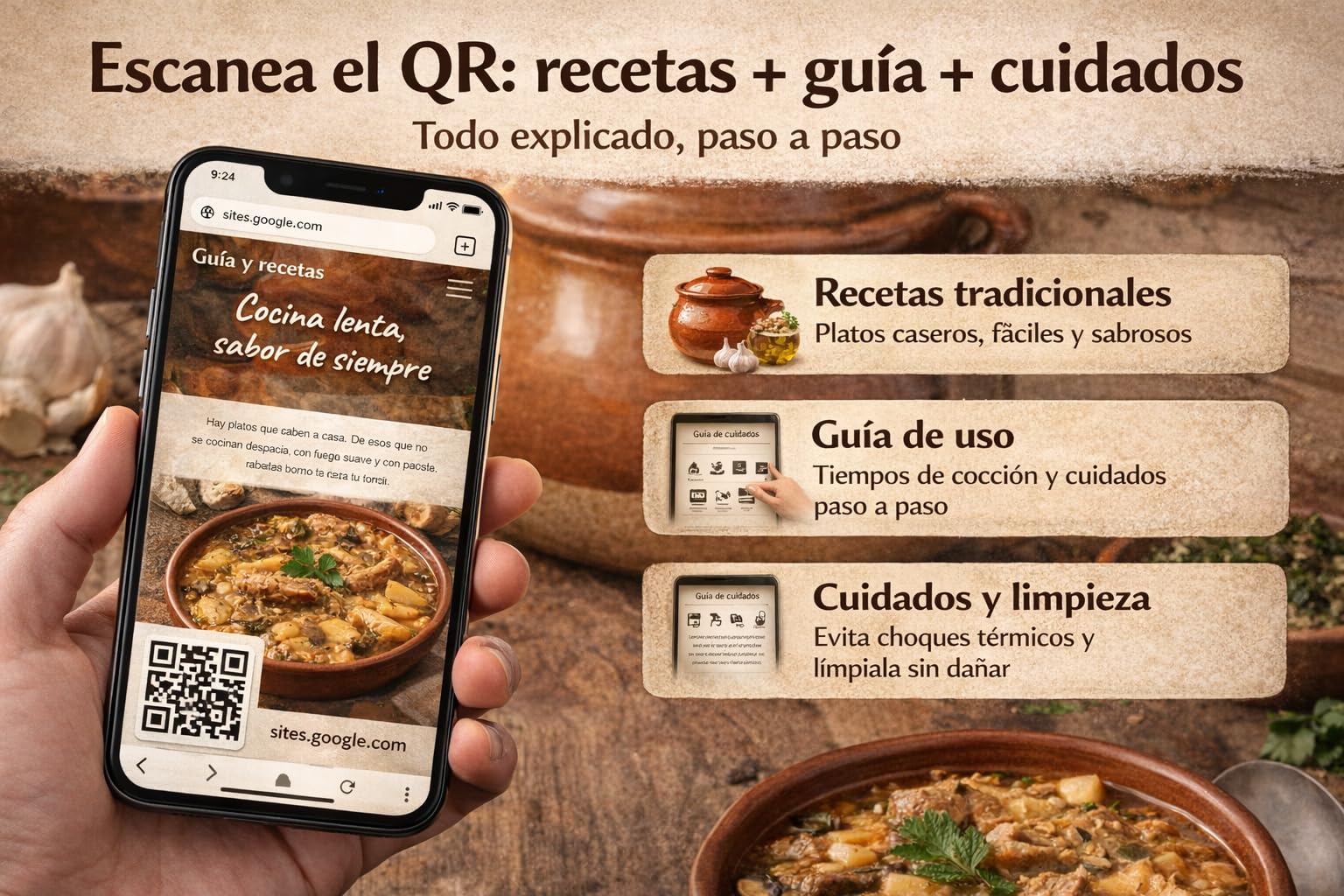 Olla/Puchero de Barro Refractario GRANDE Esmaltada 6 L – con Tapa y Asas – Incluye Cuchara de Madera + QR con Recetas y Guía – Cocción Lenta para Guisos Tradicionales