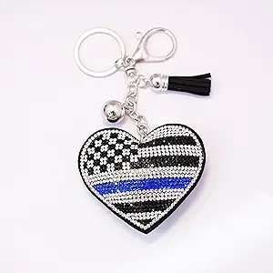 2-Pack Thin Blue Line Heart Keychain - Rhinestone Embellished Accessory for Law Enforcement - Perfect for Keys, Bags, or Backpacks - 2.48 x 2 Inches