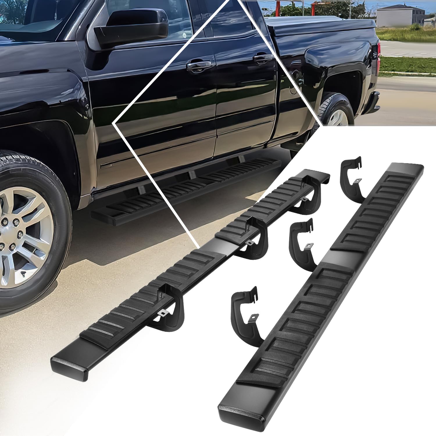 Pair 6.3" Black Powder Coated Flat Side Step Bars Running Boards Compatible with 2007-2019 Chevy Silverado GMC Sierra 1500 2500HD 3500HD Extended Cab, Stainless Steel