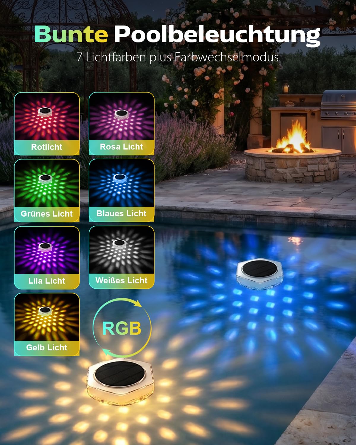 2 Stück Solar Poolbeleuchtung,RGB, Helligkeitsstufen,Timer, 3 Modi, Schwimmende Pool beleuchtung Lichter,Beleuchtung und Dekoration für Badewanne, Garten, Teich, Springbrunnen und Schwimmbad