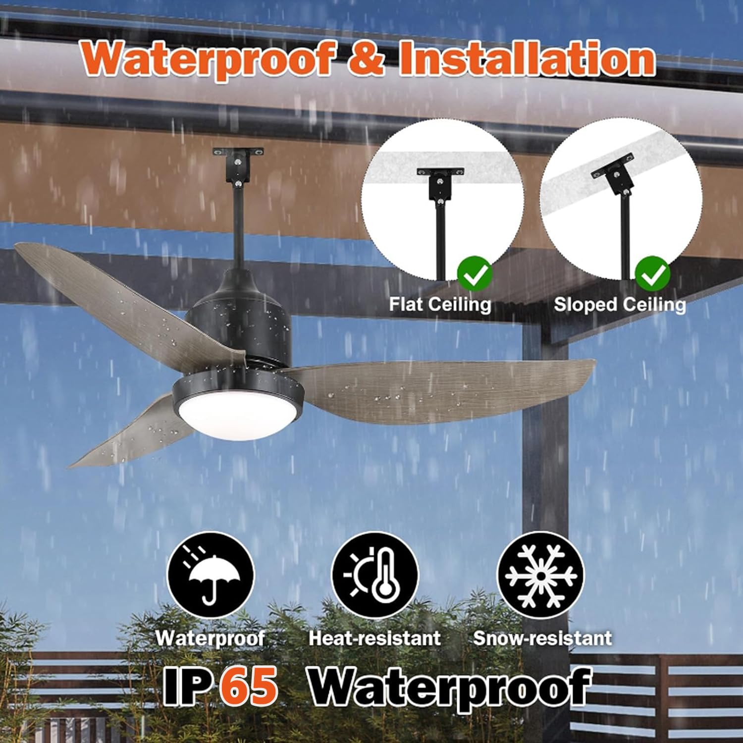 106CM Außen Deckenventilator mit Beleuchtung IP65 Wasserdicht Outdoor Deckenleuchte mit Ventilator LED Dimmbar Ventilatorlicht und Fernbedienung Ventilator Deckenlampe für Garten Balcón Innen Aussen